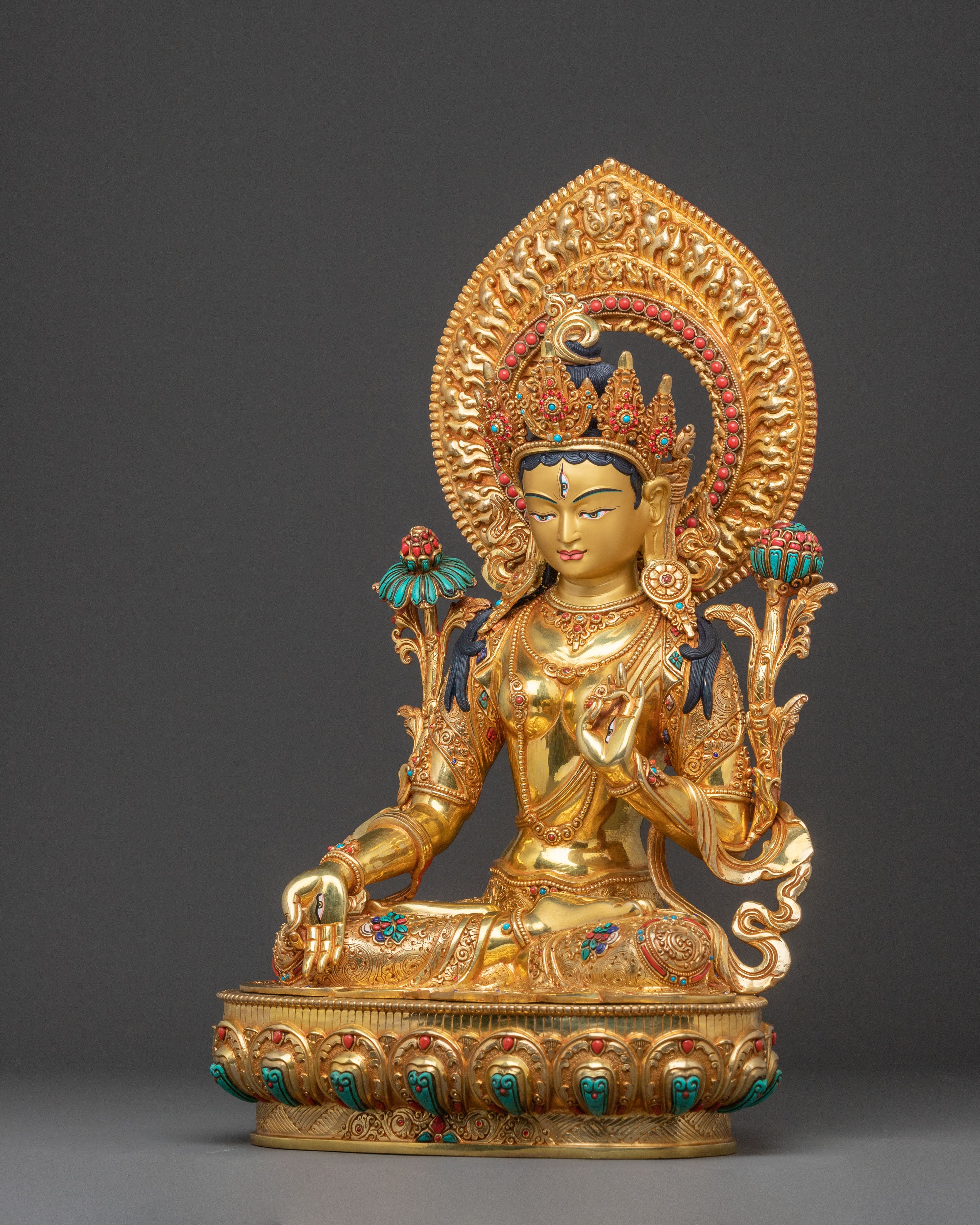 Handcrafted Divine Statue of White Tara with 24K Gold Gilding