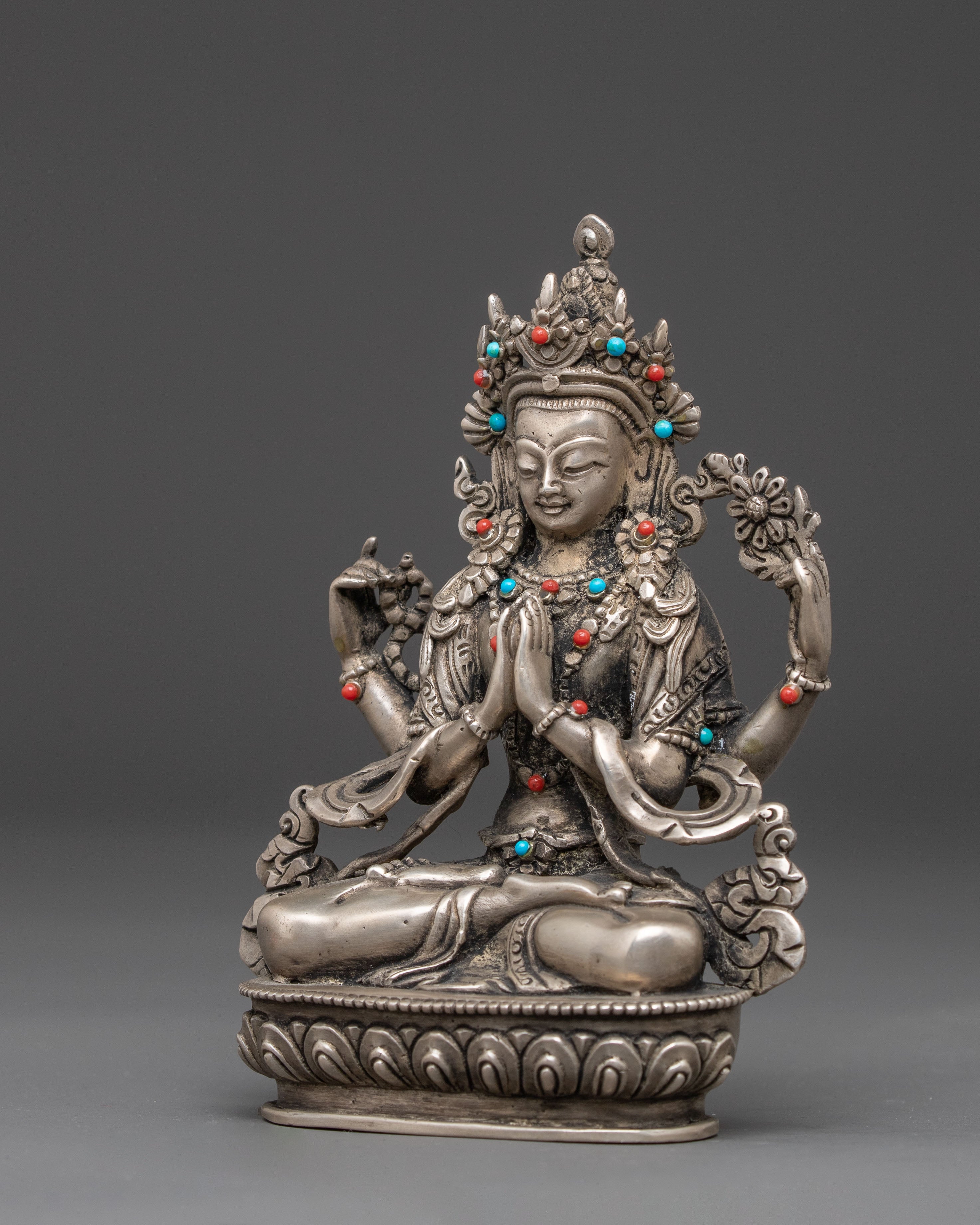 Handmade Silver Statue of Chenresig | Meditation & Altar Decor