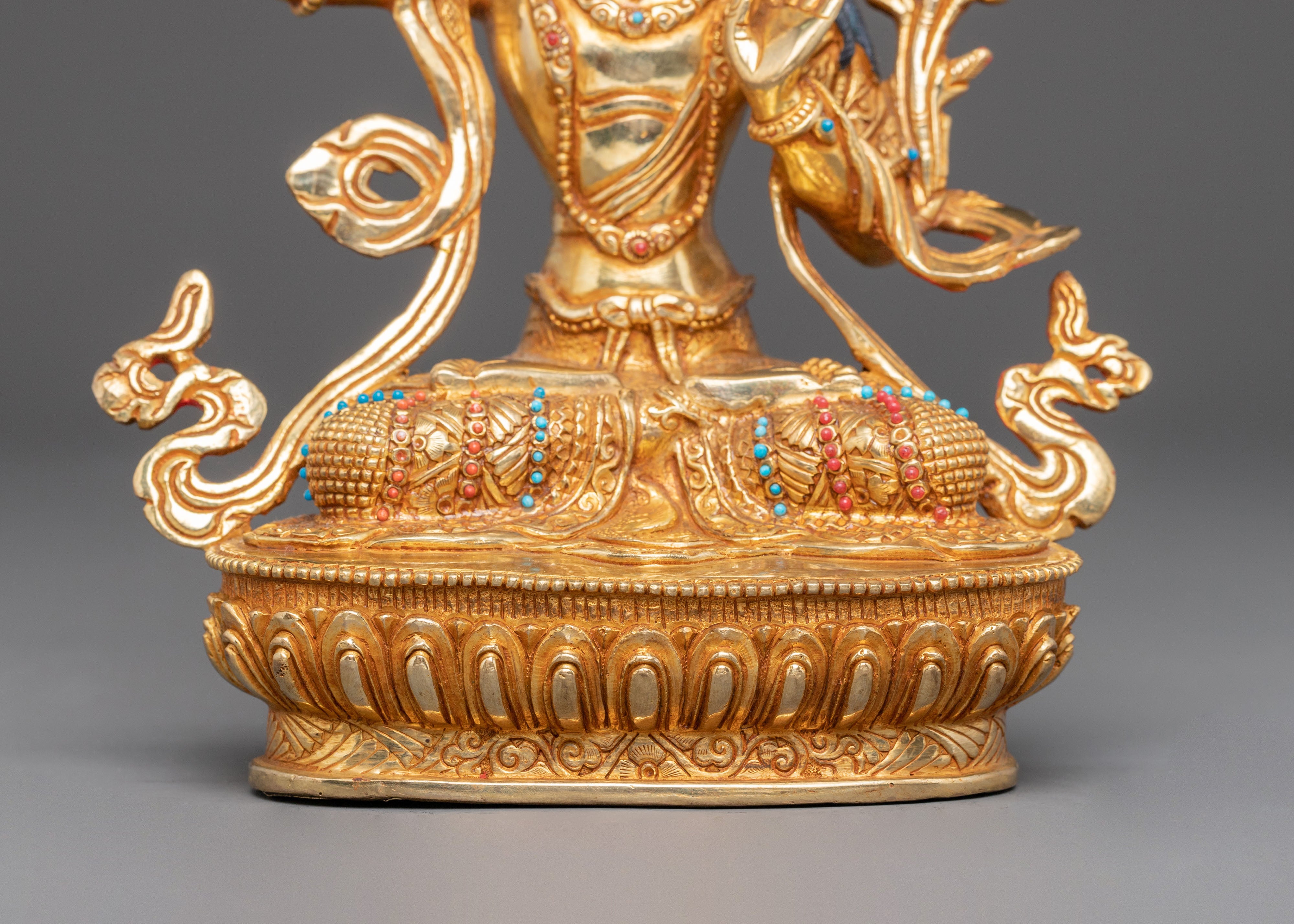Manjushri Handmade Golden Statue | Tibetan Deity of Wisdom