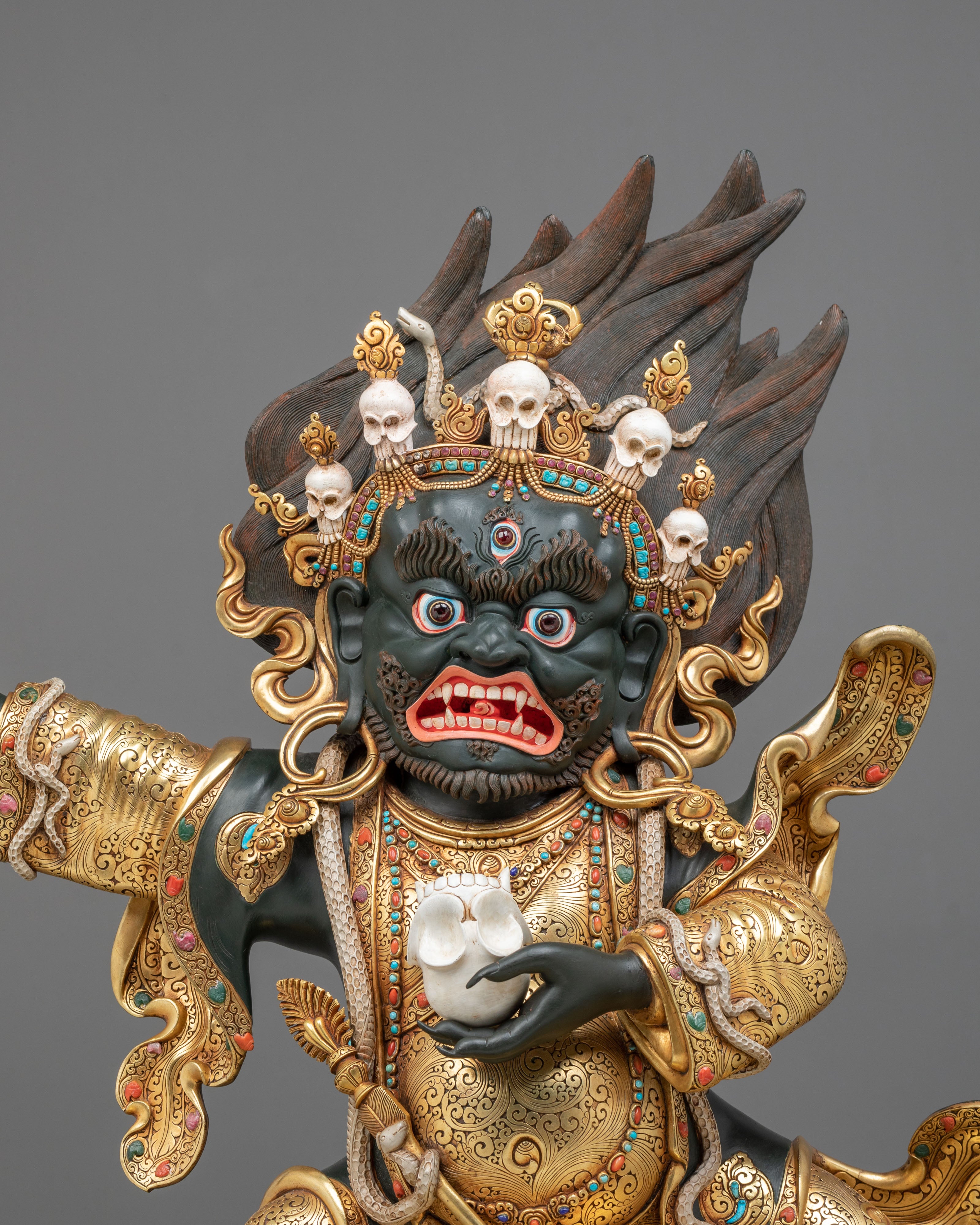 Mahakala Bernakchen Sacred Tibetan Sculpture | Gemstone-Adorned Copper Statue