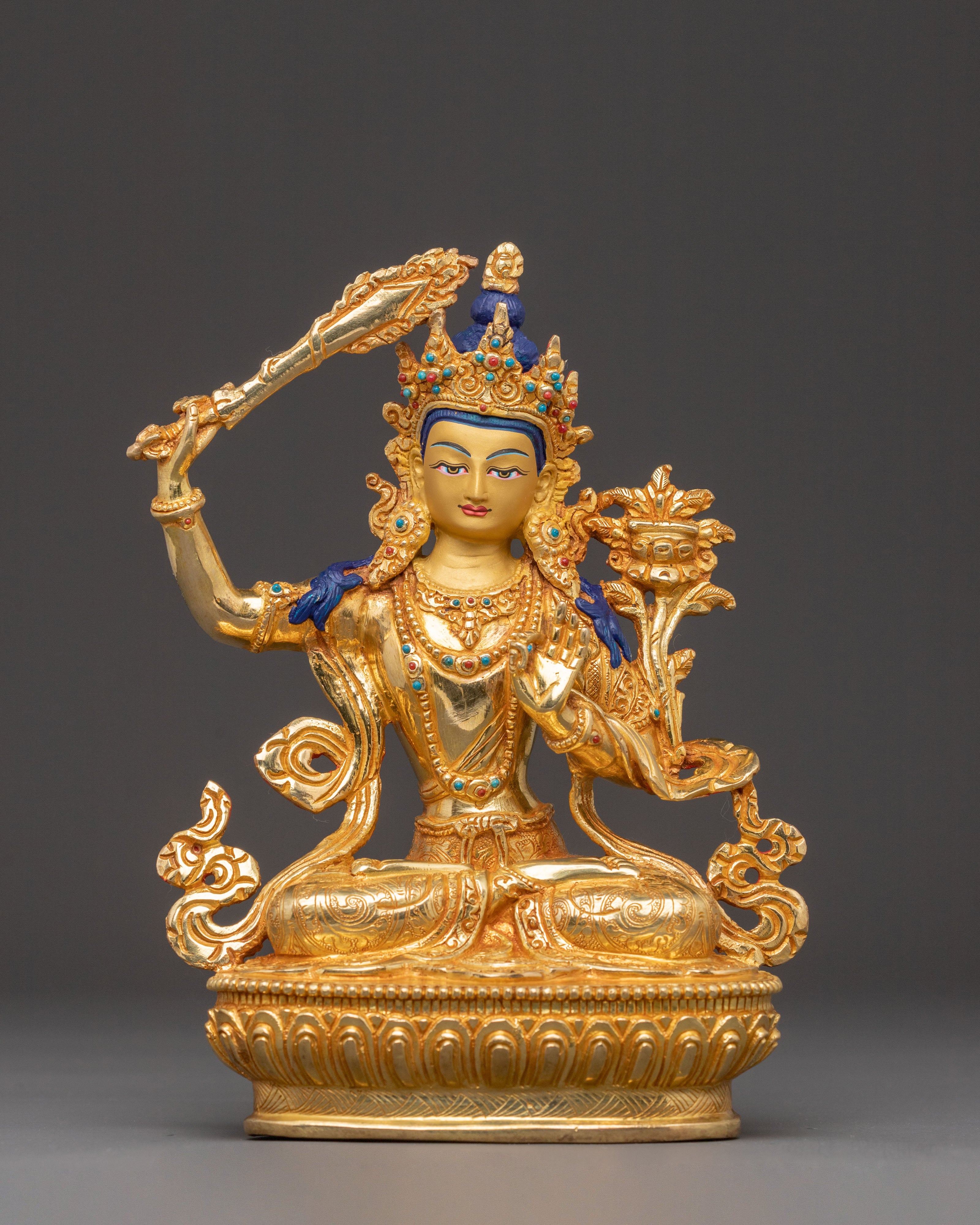 Handcrafted Manjushri Sacred Statue – Gilded Copper & Gemstone Art