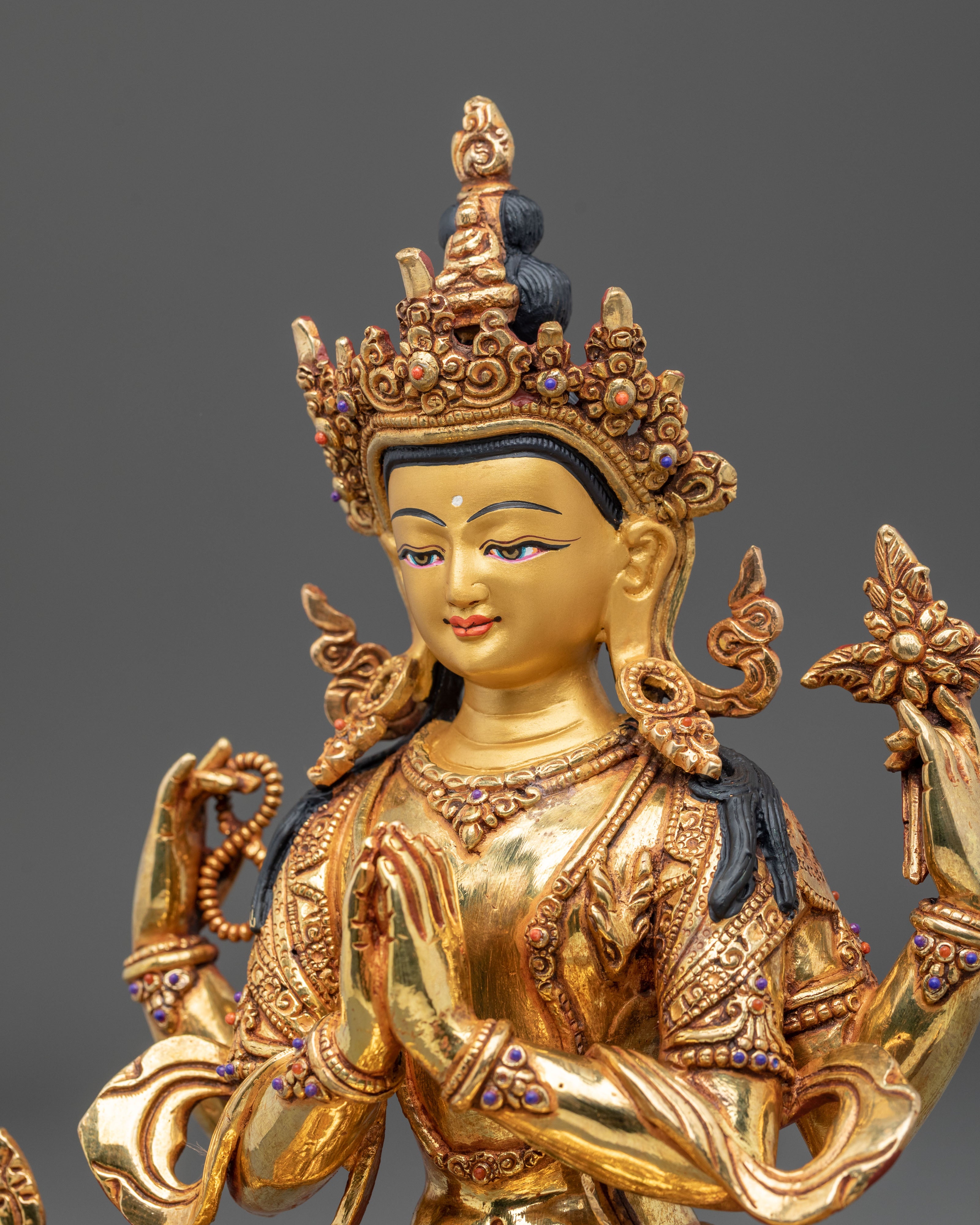 24K Gold-Plated Chenrezig Statue | Exquisite Copper Figurine