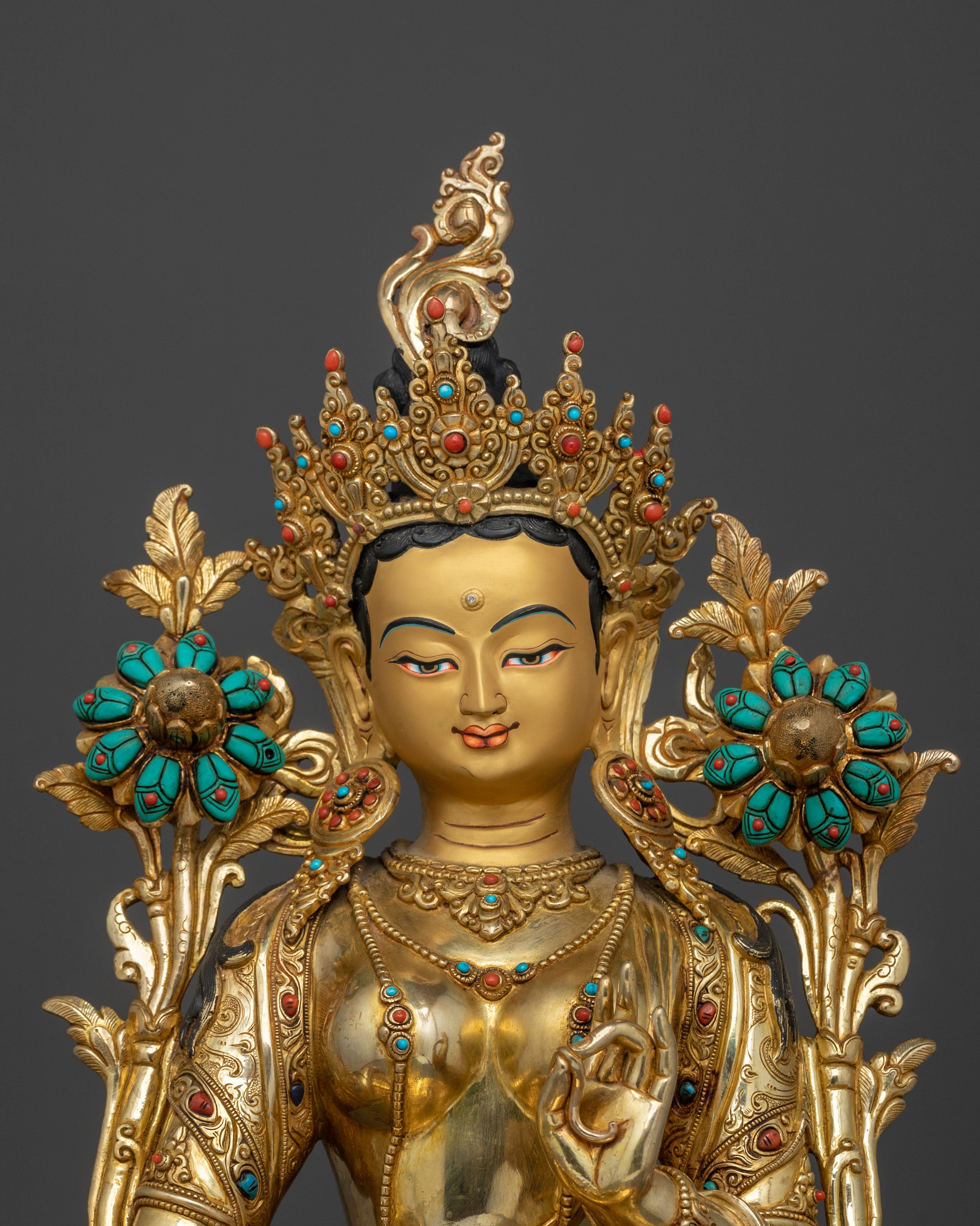 Green Tara Hand Carved Sacred Statue with 24K Gold Glided