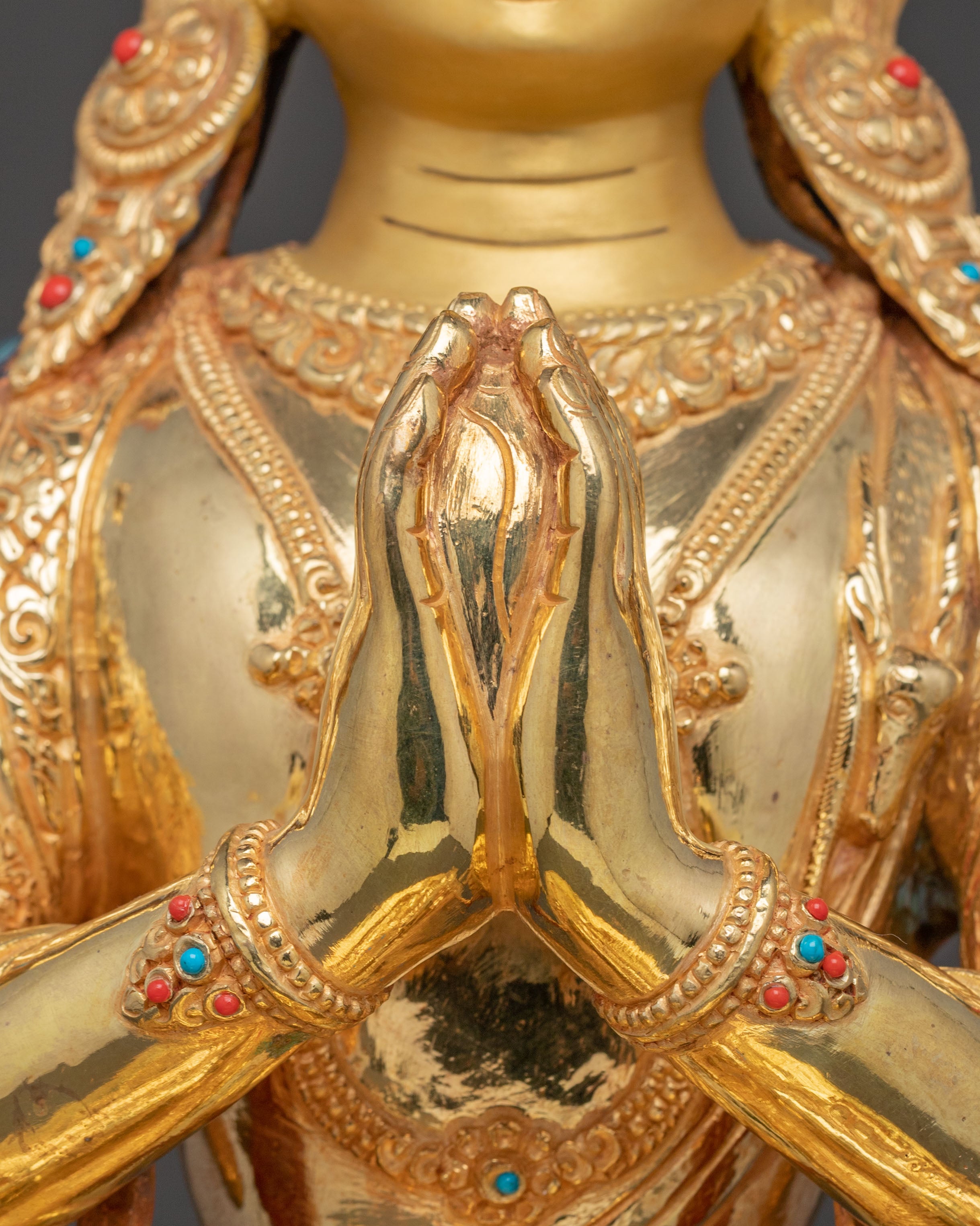 Chenrezig Mercy Bodhisattva Statue – Gilded Copper & Gemstone Art