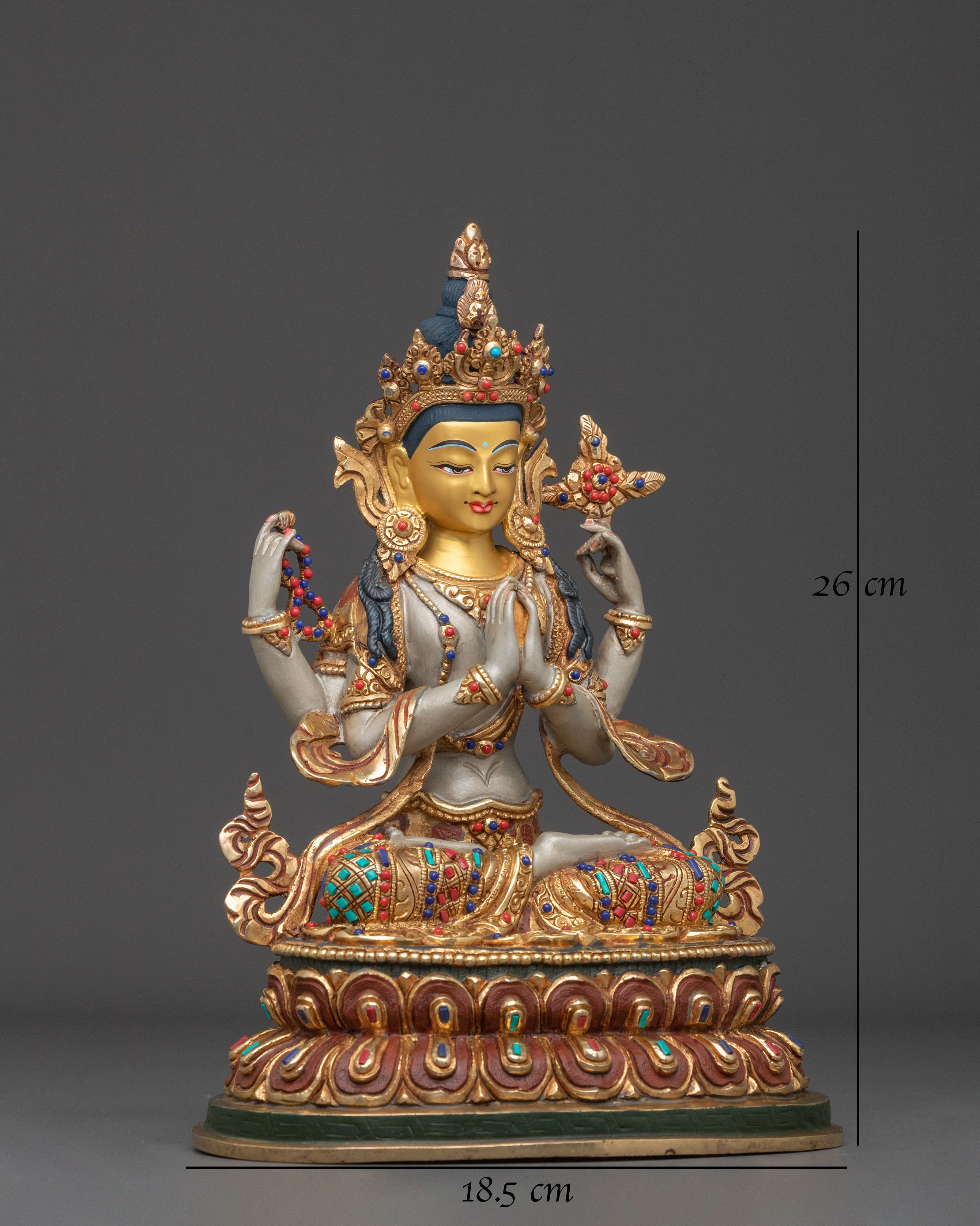 Hand Carved Four Armed Chenrezig Sculpture: Embodiment of Compassion