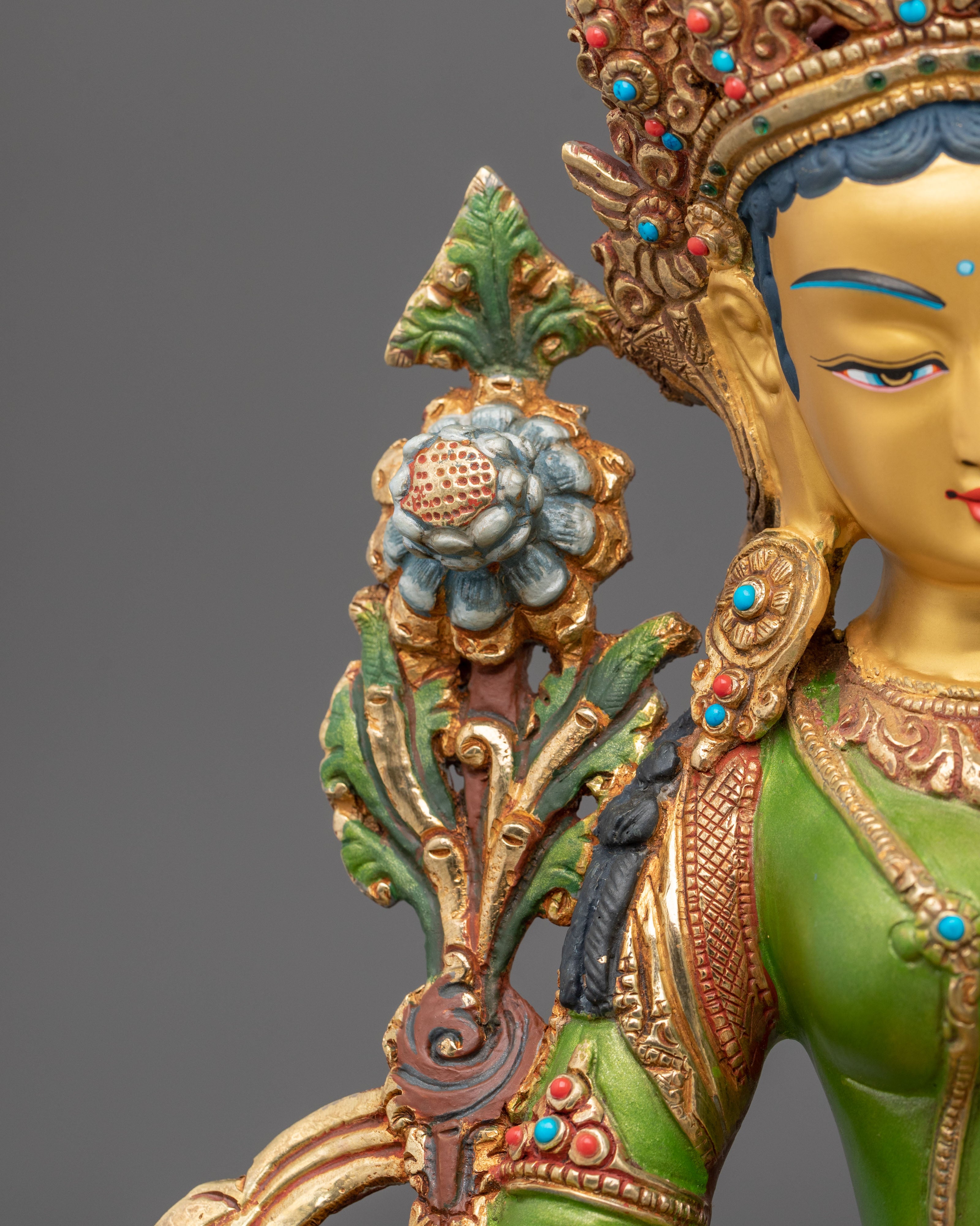 Traditional Green Tara Golden Statue | Tibetan Buddhist Compassion Deity