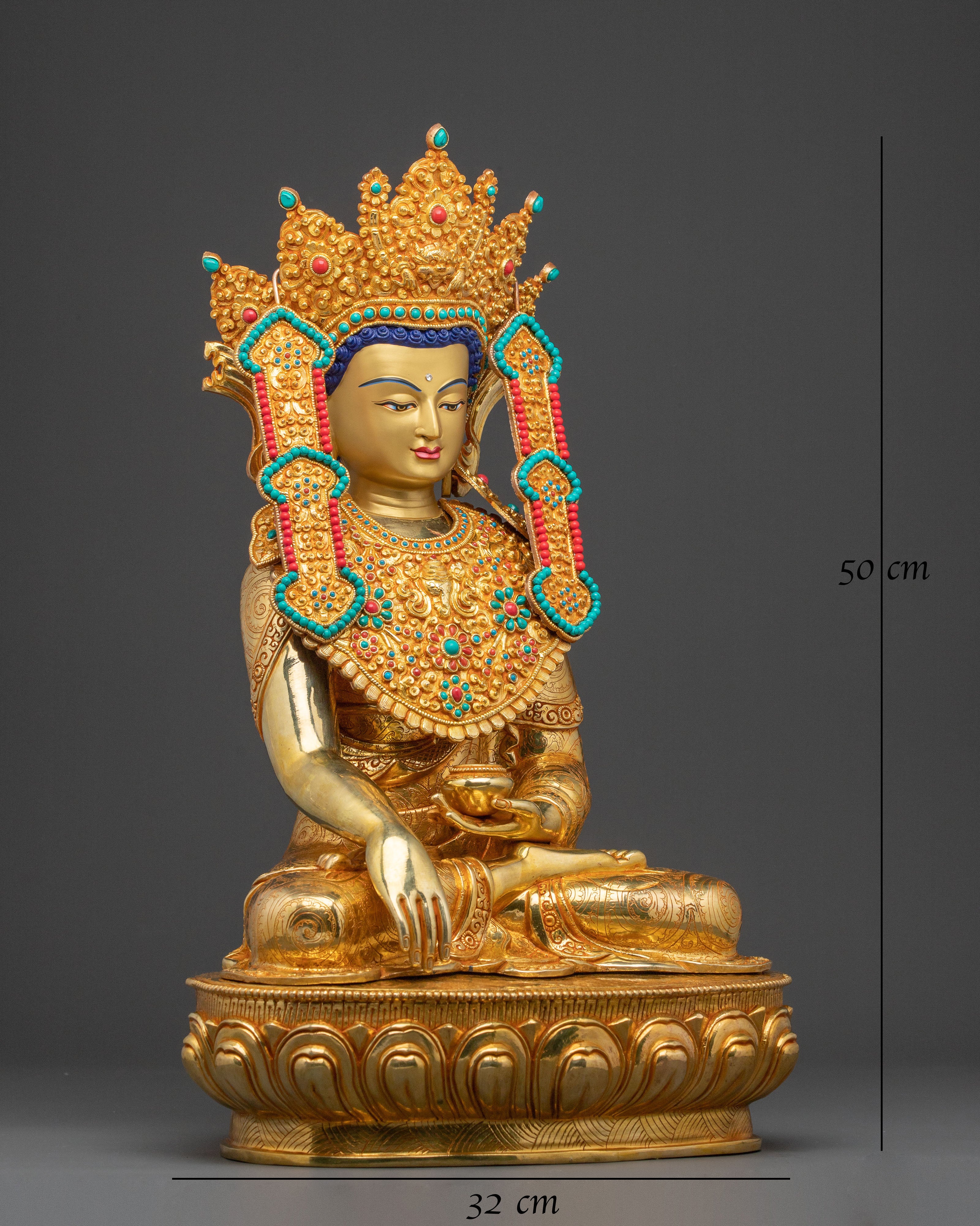 24k Gold Gilded Shakyamuni Buddha Statue with Crown