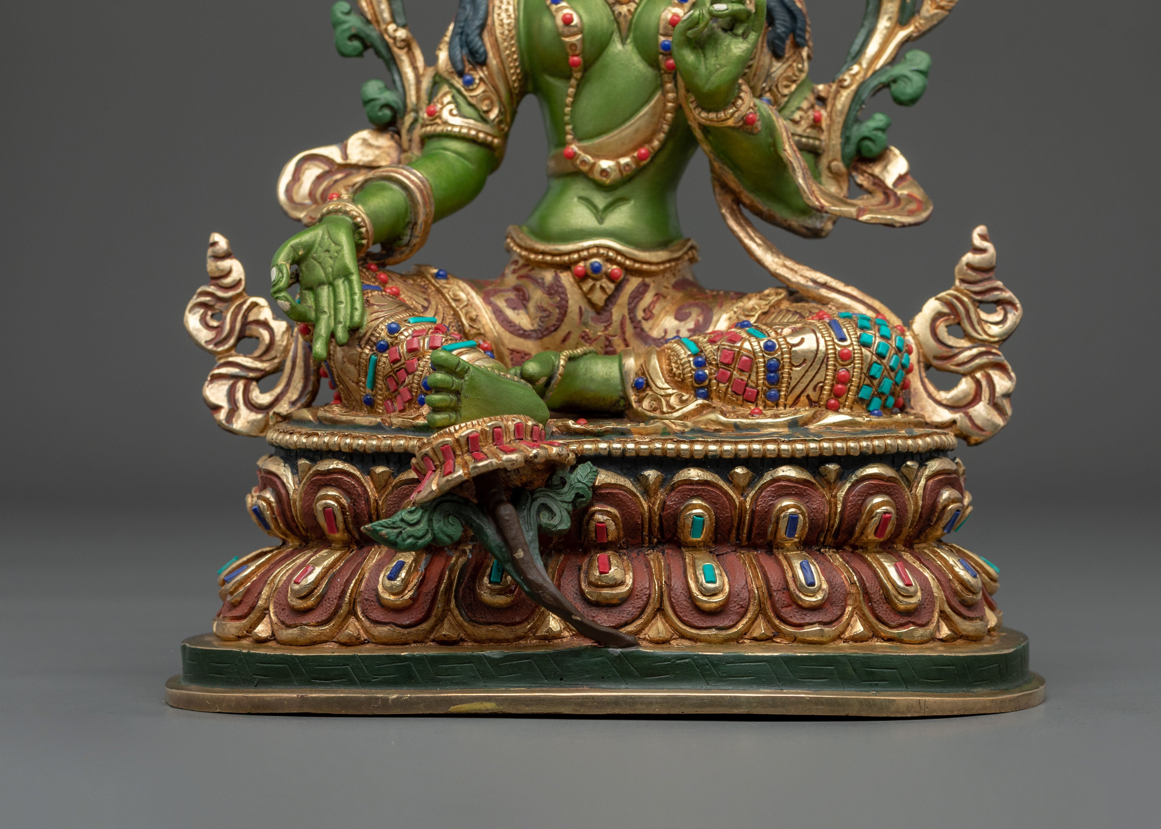Green Tara 24K Gold Gilded Statue | Goddess of Compassion and Protection