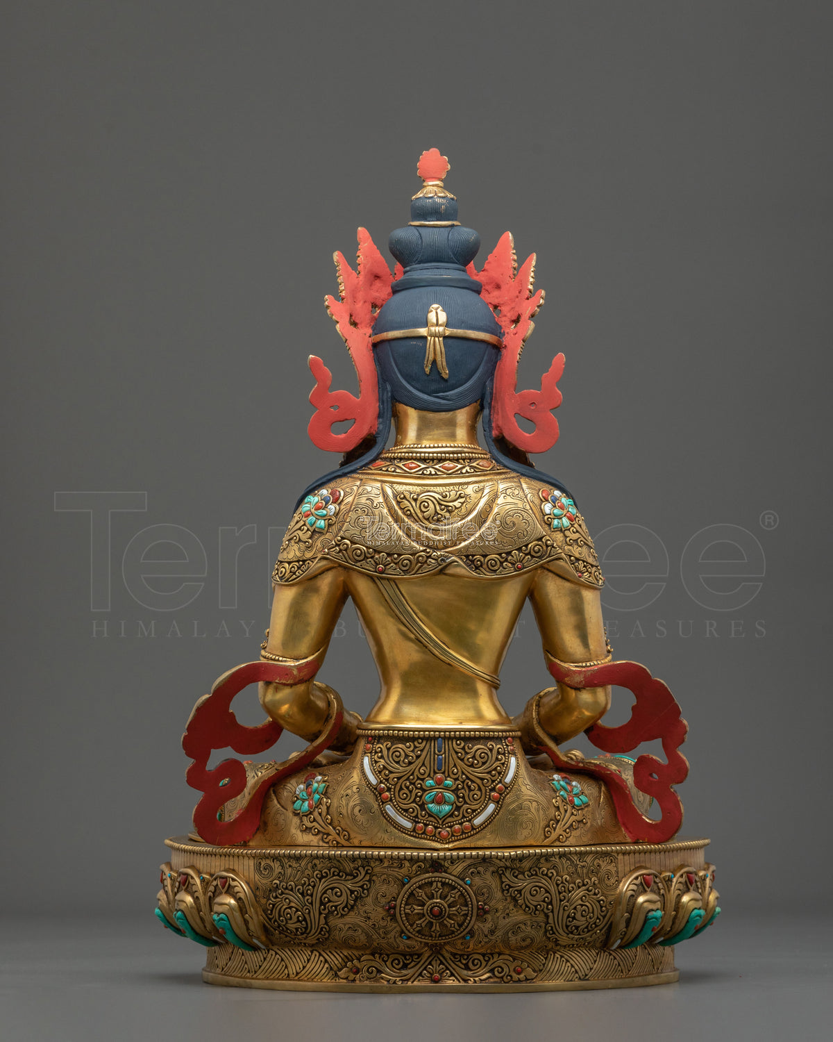 24K Gold Gilded Copper Amitayus Statue with Gemstones | Buddha of Infinite Life