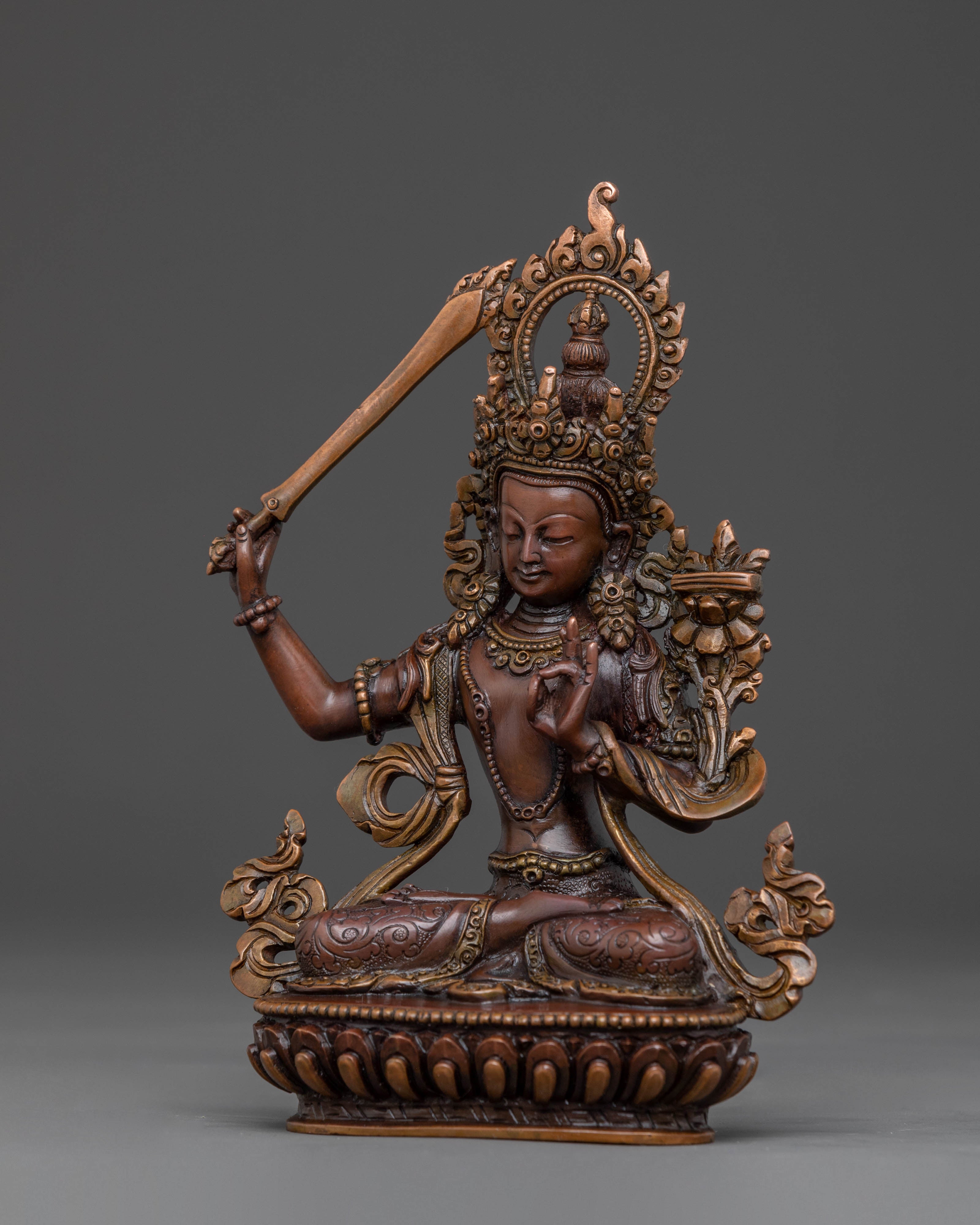 Manjushri Bodhisattva Sacred Statue - Oxidized Copper Finish