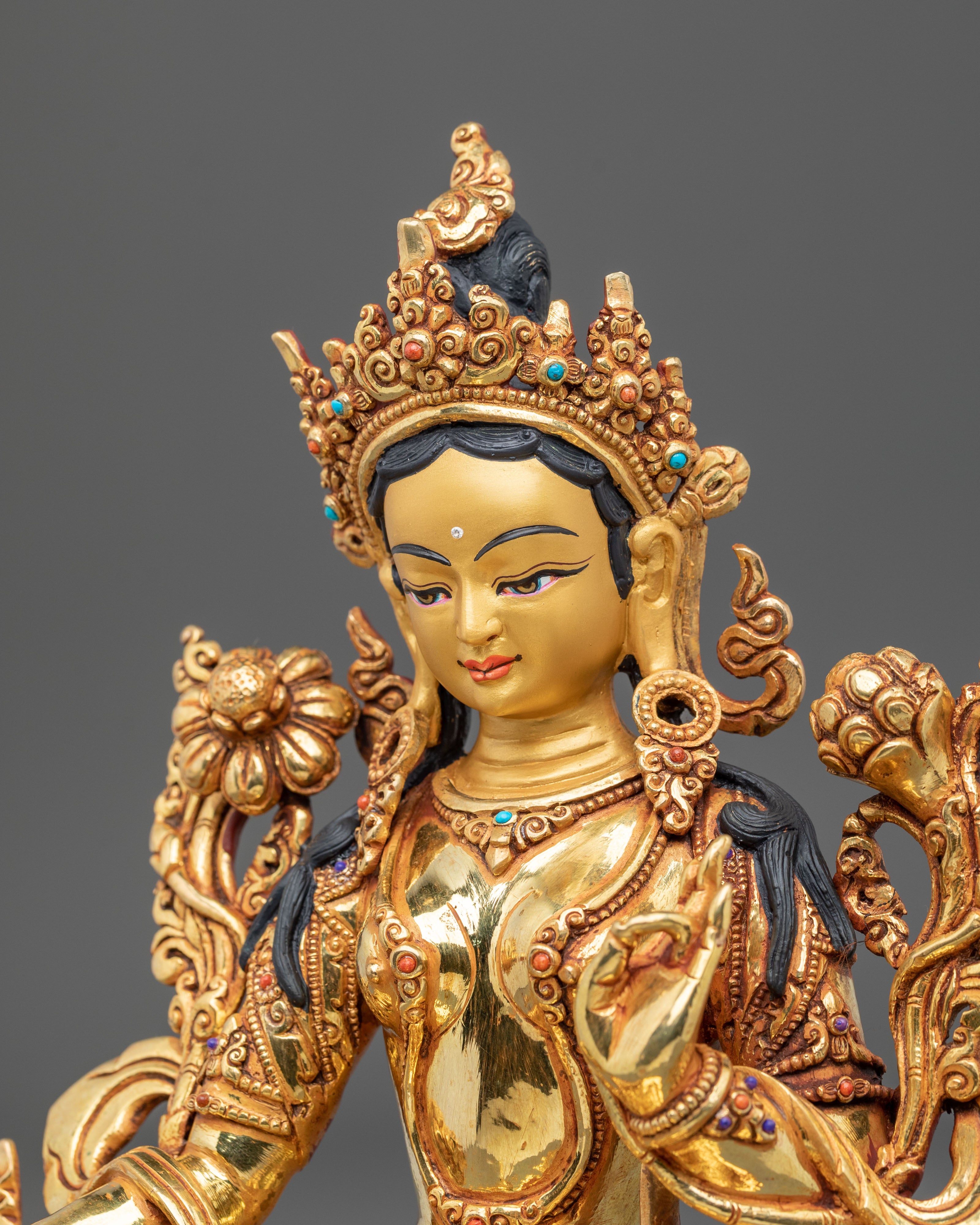 Green Tara 24K Gold Gilded Sculpture | Exquisite Copper Figurine
