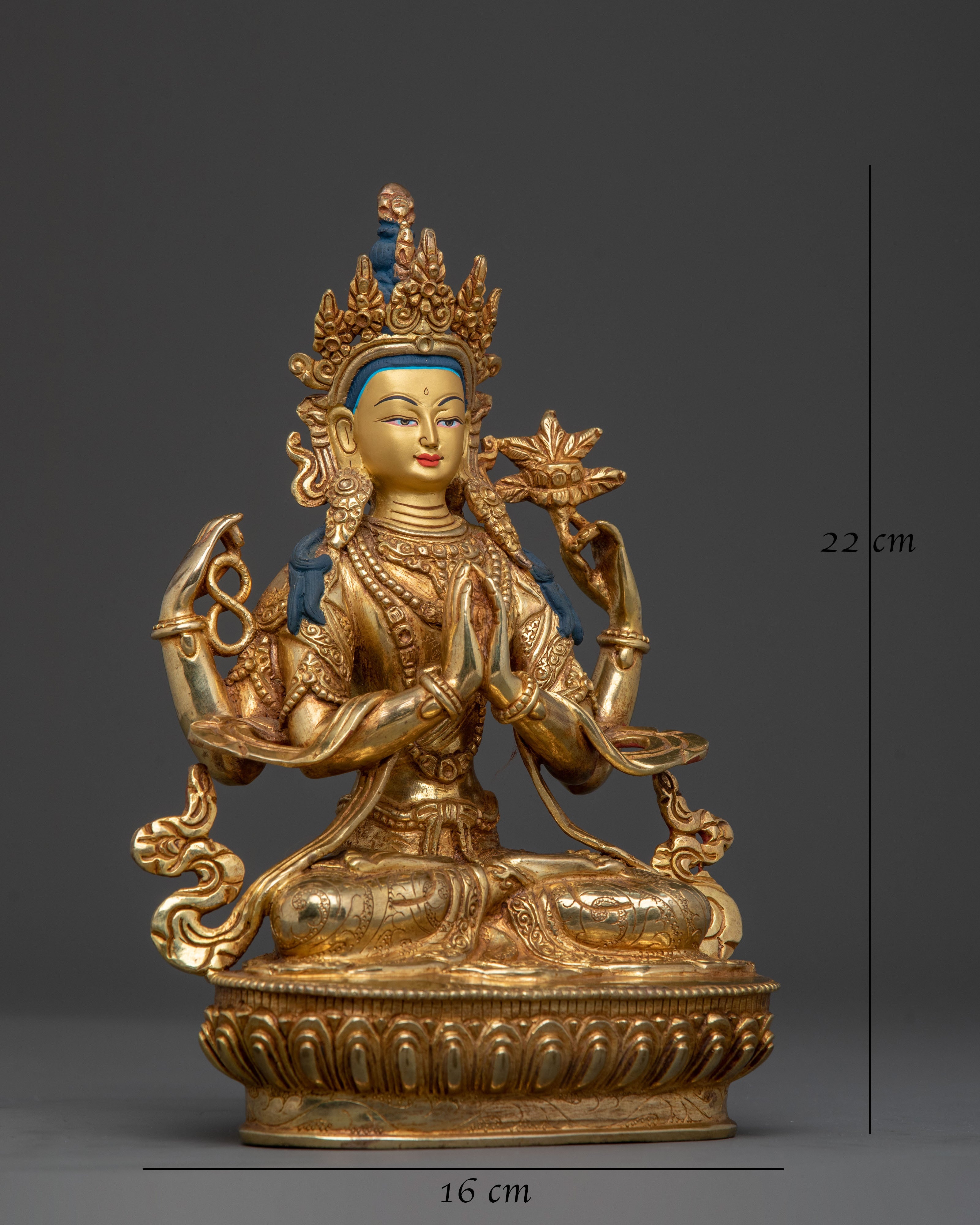 Radiant Bodhisattva Chenrezig Statue: 24K Gold Gilded