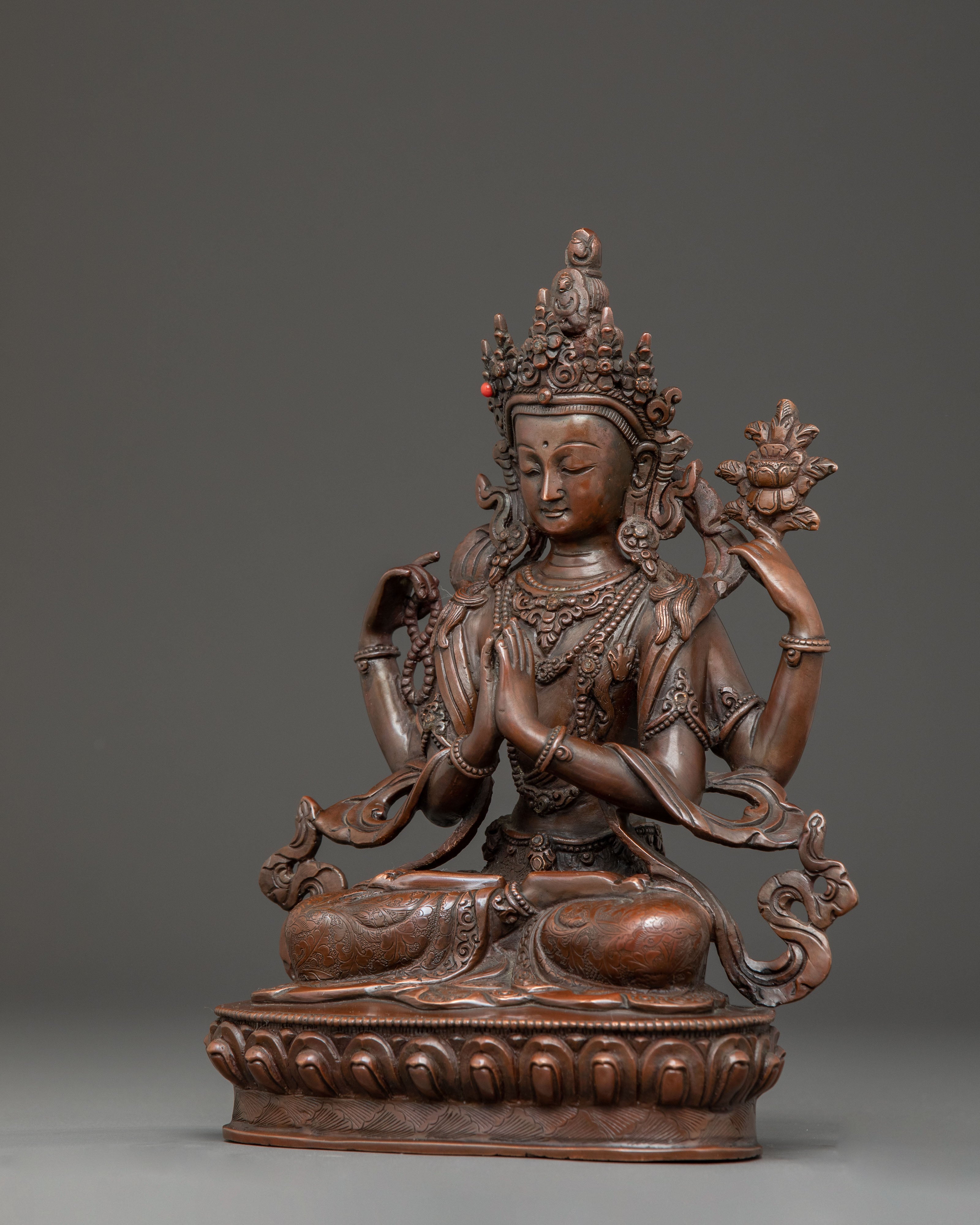 Handmade Copper Chenrezig Statue of Compassion | Avalokiteshvara Figurine