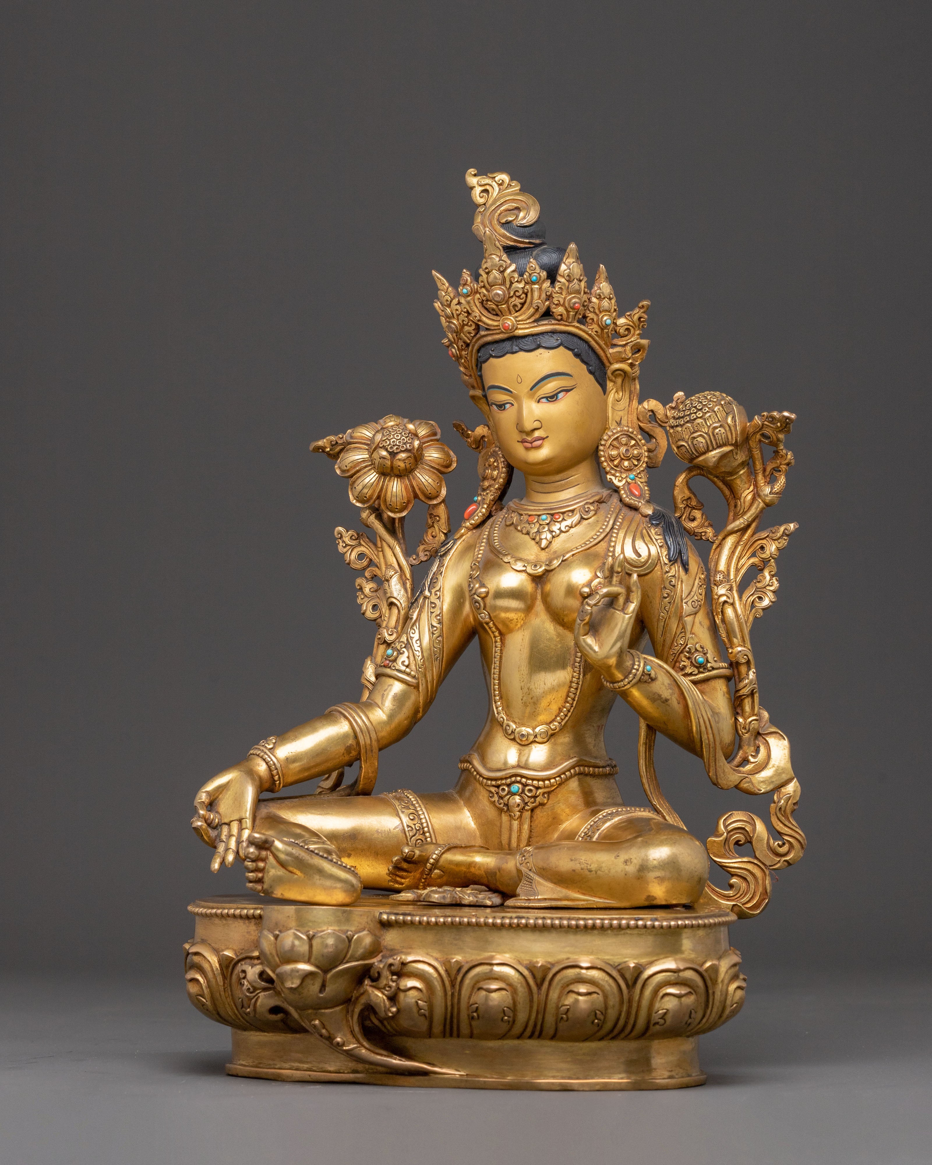 Handcrafted Green Tara Golden Statue | Goddess of Compassion