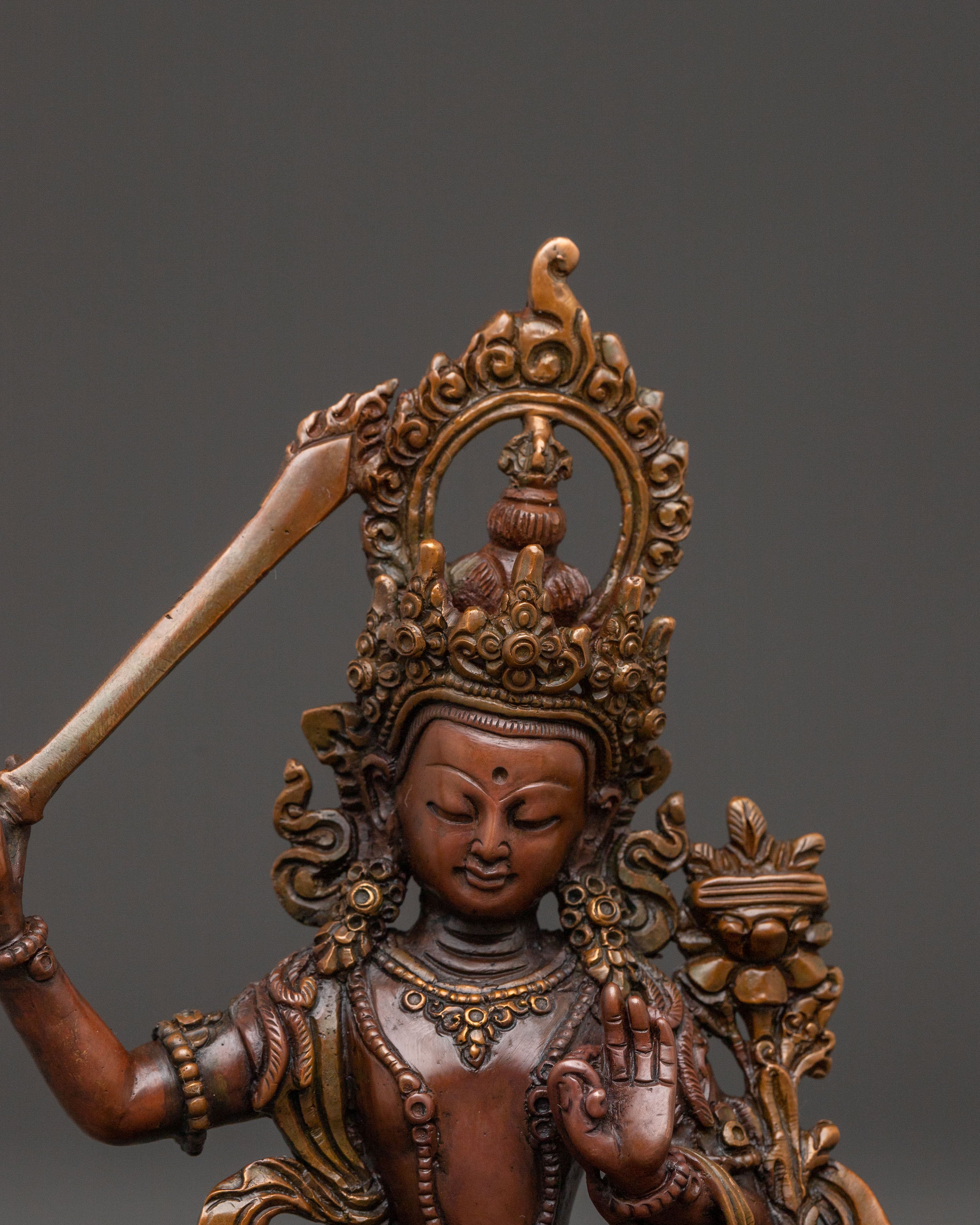 Tibetan Manjushri Handcrafted Statue - Oxidized Copper Statue