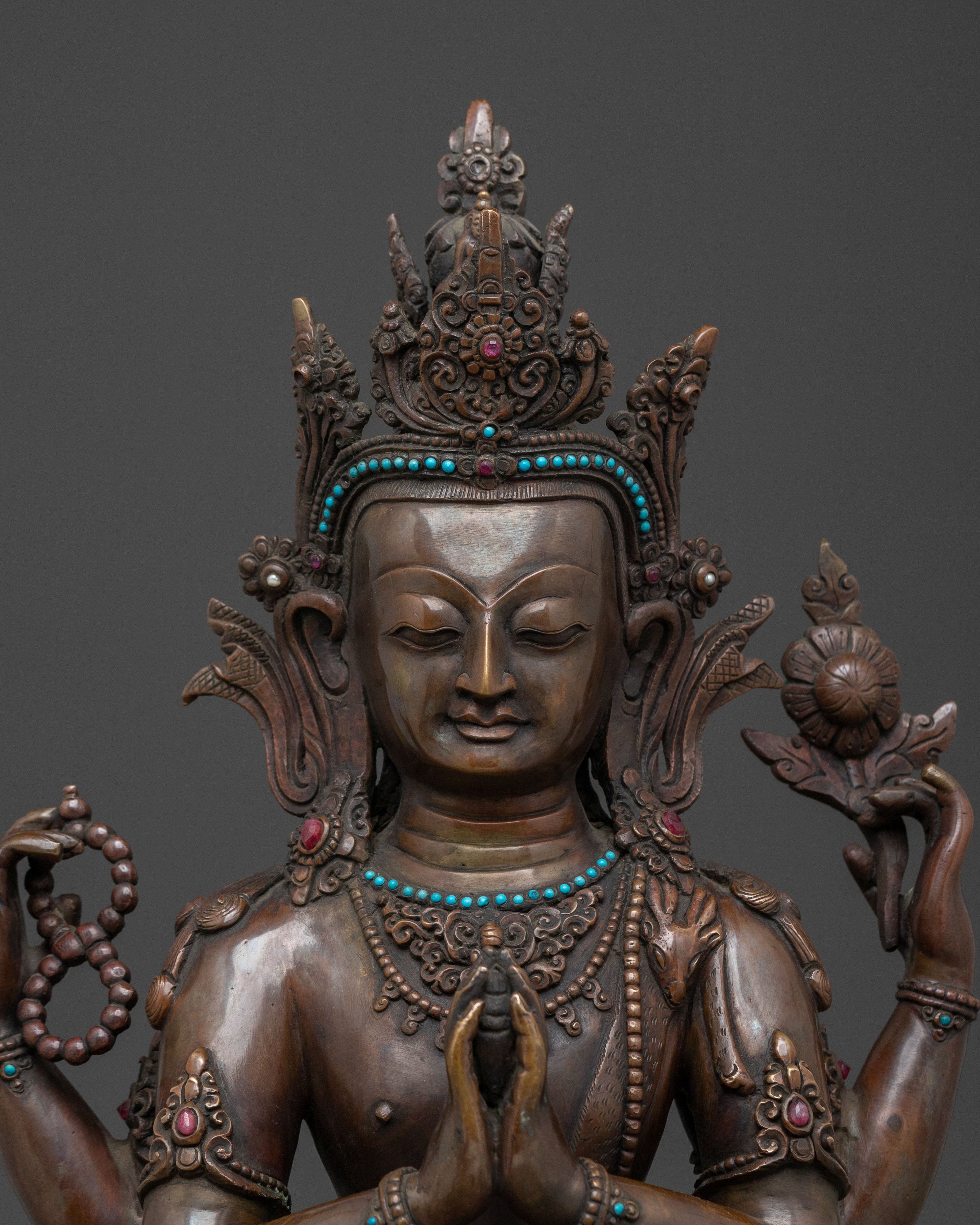 Handcrafted Chenrezig Buddhist Sculpture | Oxidized Copper Statue