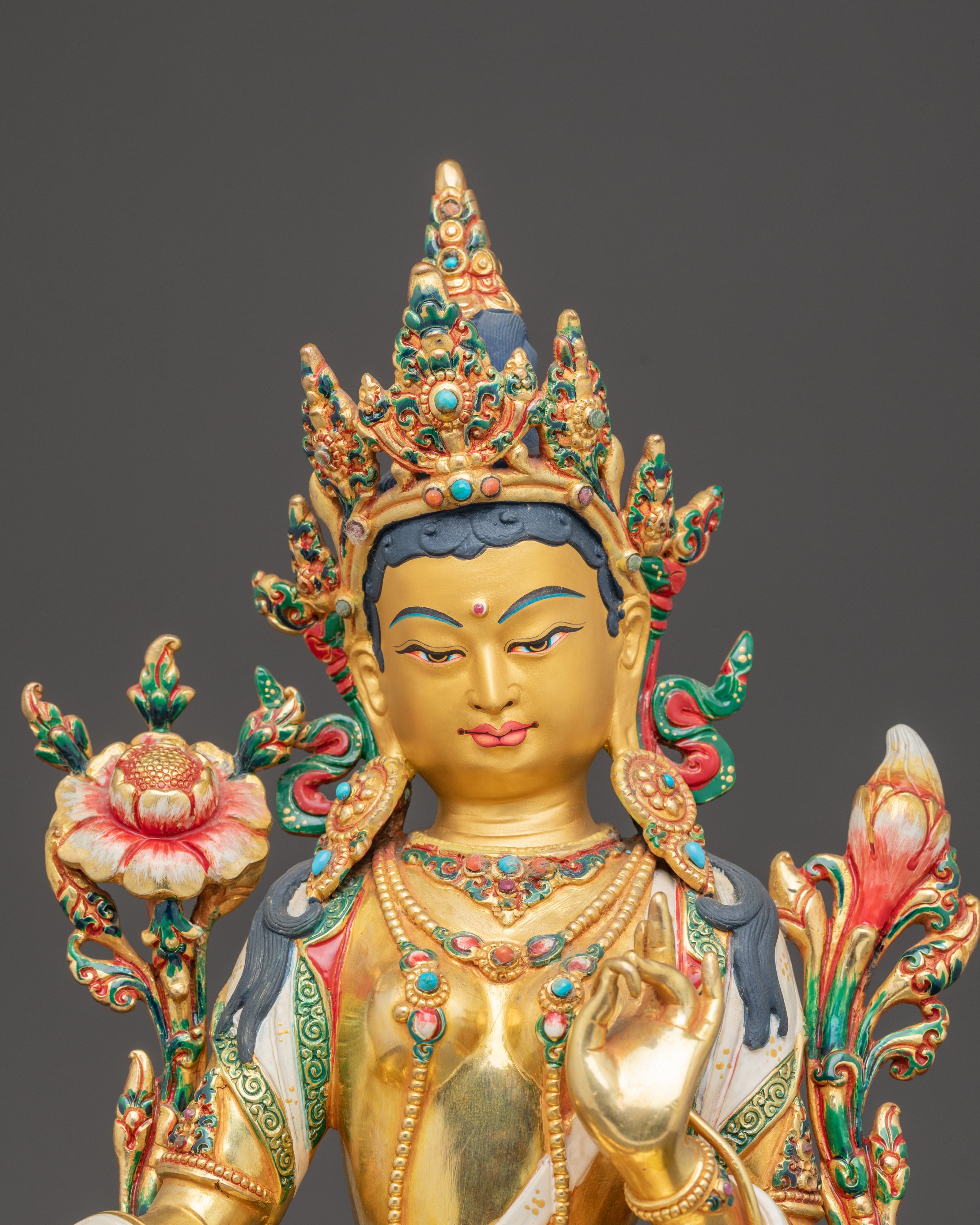 Handmade 24k Gold Glided Statue of Green Tara | Compassion Goddess