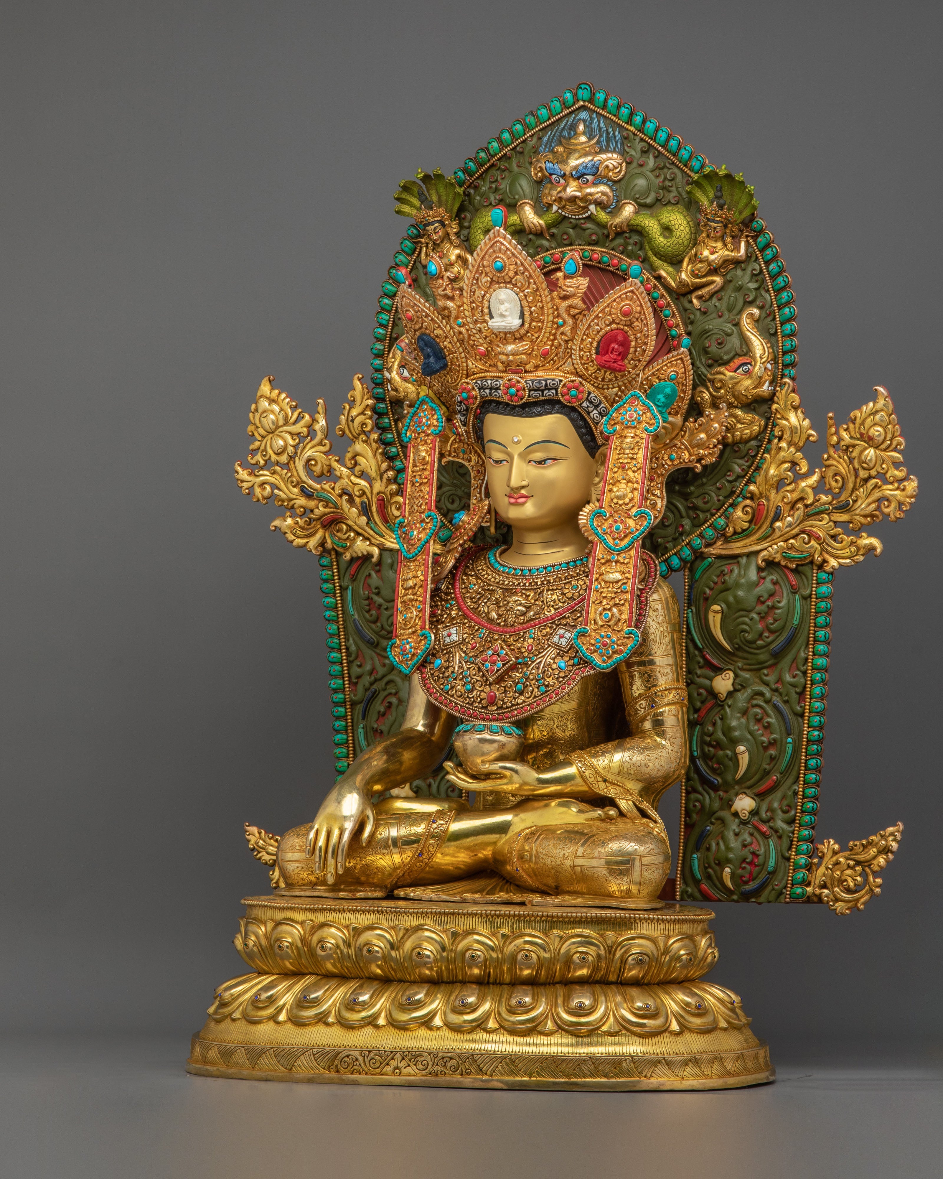 Crown Shakyamuni Buddha Sculpture | 24K Gold Gilded Figurine