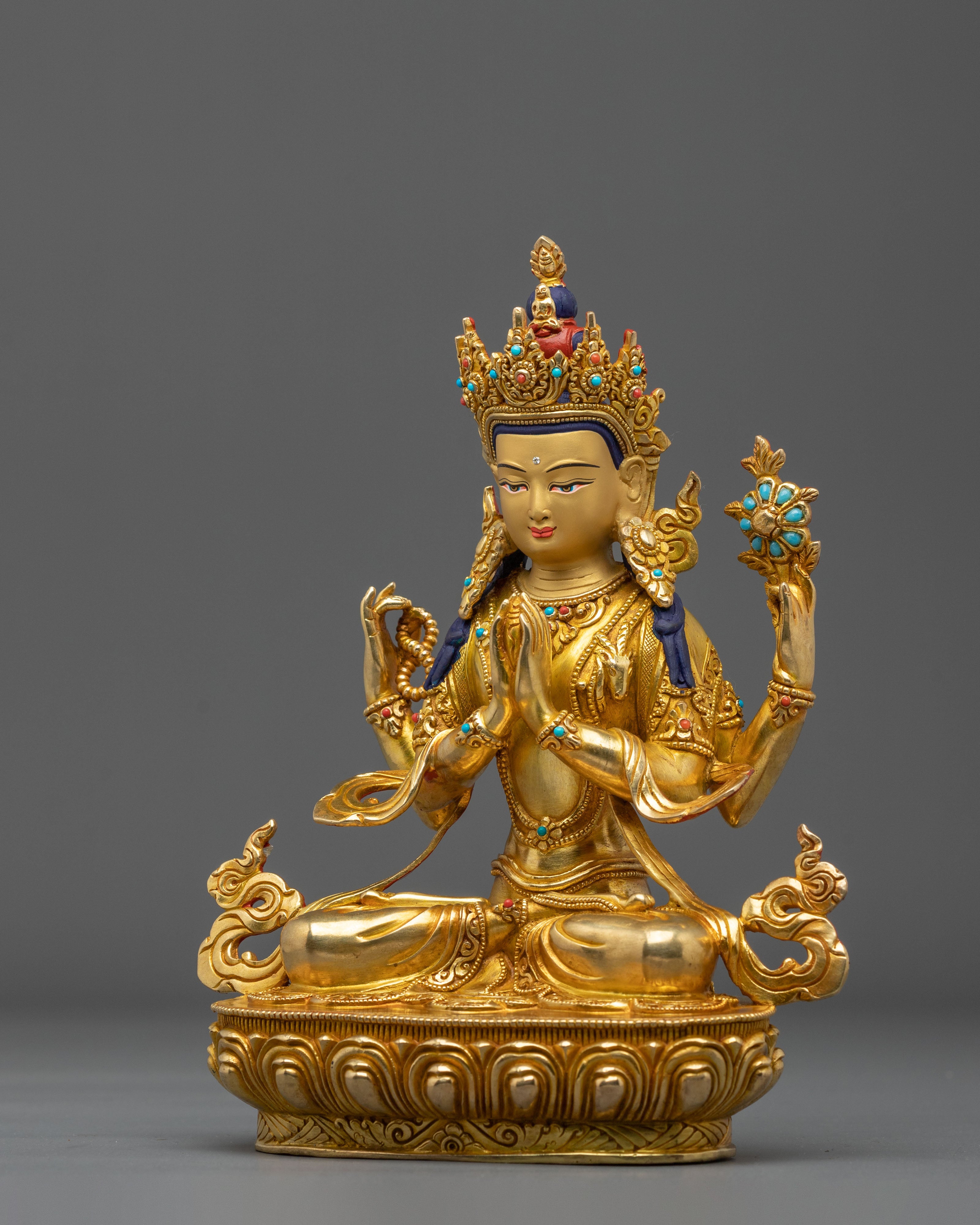 Hand Carved Four Armed Chenrezig Spiritual Sculpture