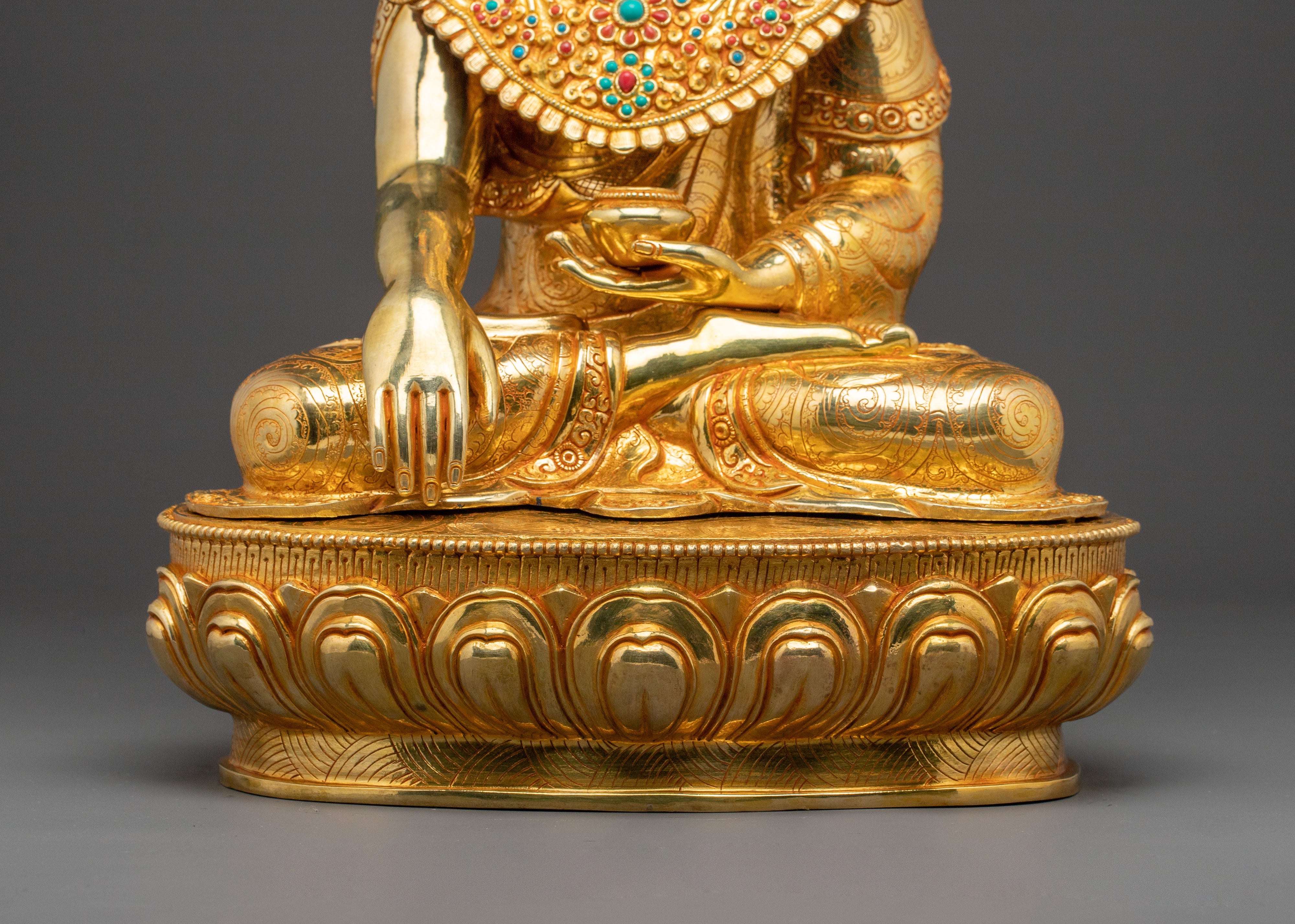 24k Gold Gilded Shakyamuni Buddha Statue with Crown