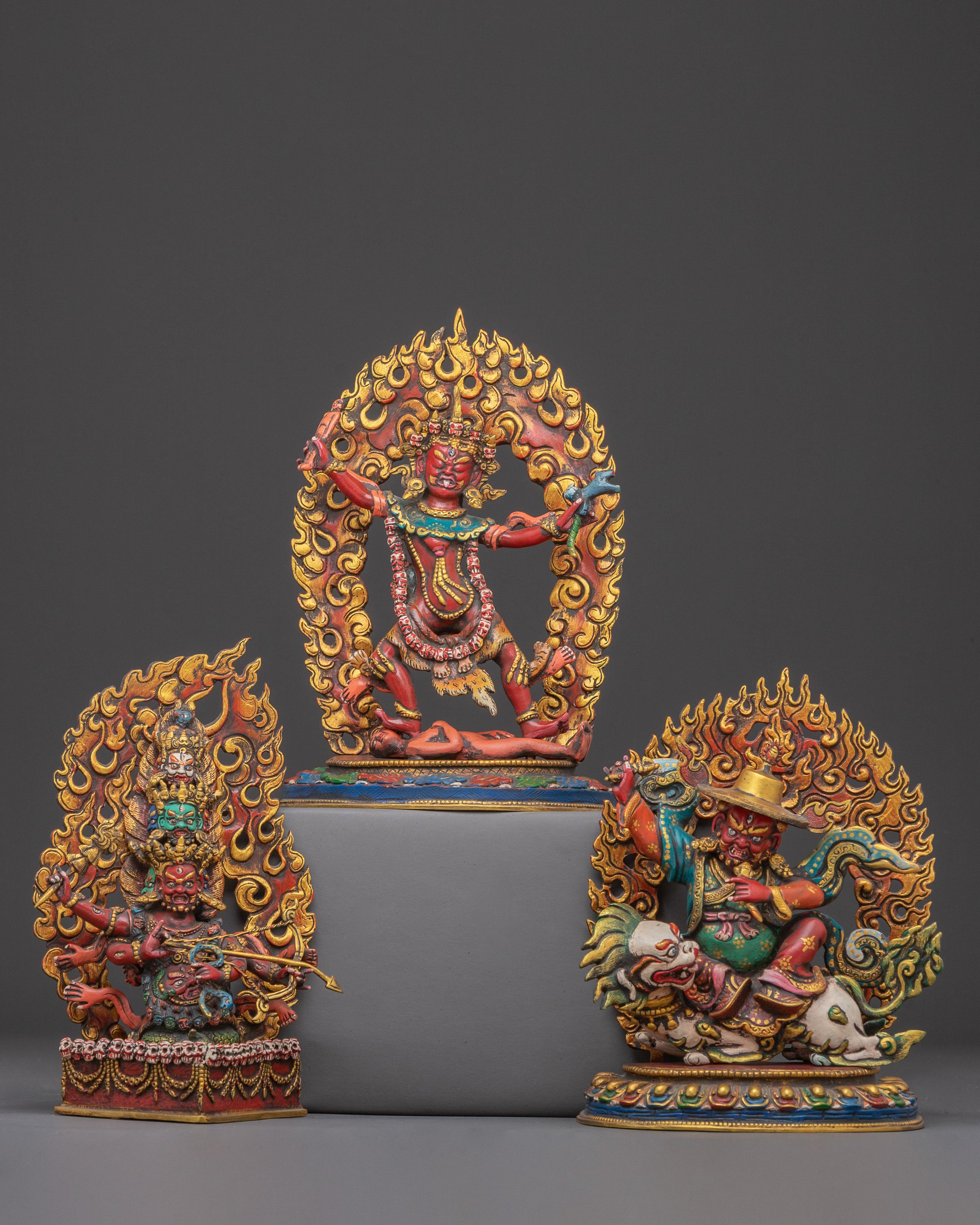 Handcrafted Three Nyingma Protectors Statue Set | Fierce Guardians of Wisdom