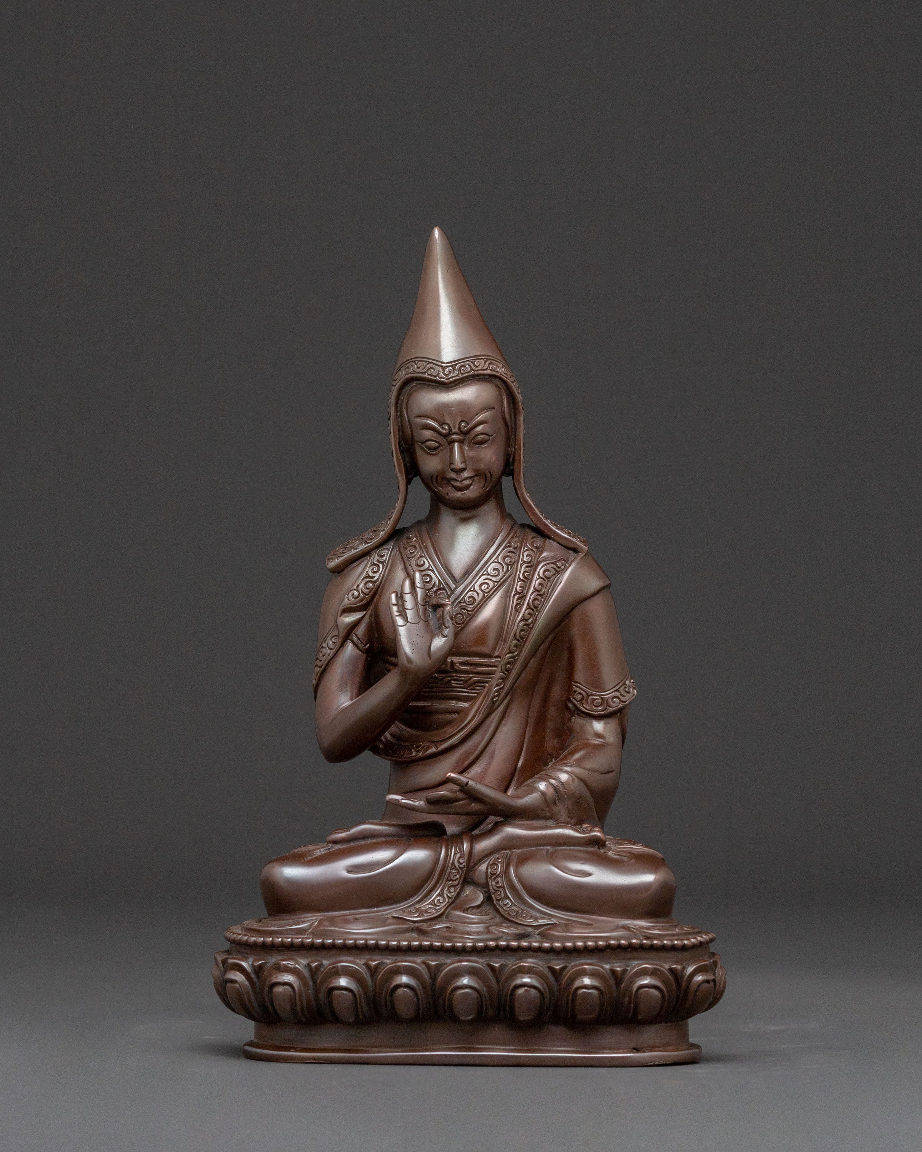 Tsongkhapa Copper Statue with Disciples: Oxidized Finish