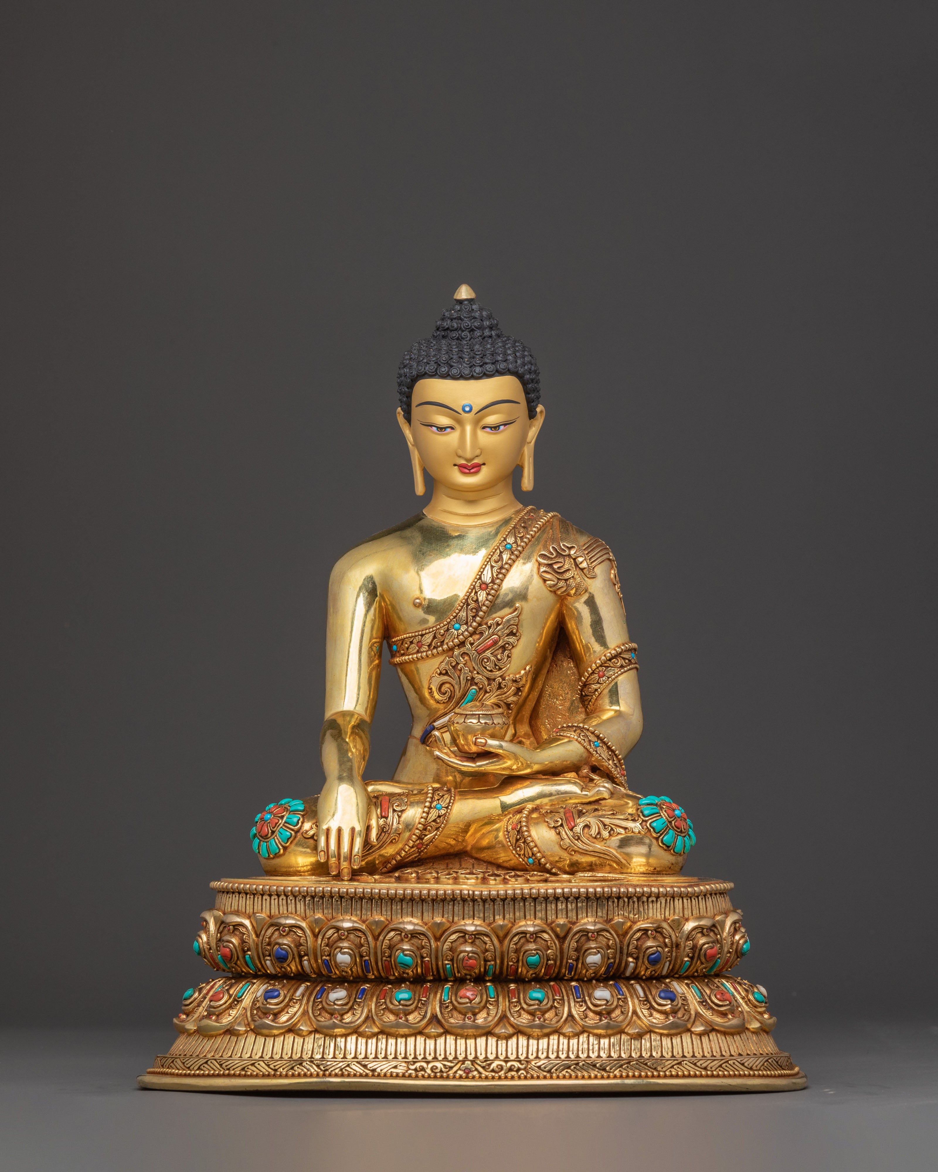 Holy Sculpture of Shakyamuni Buddha: 24K Gilded Copper Masterpiece