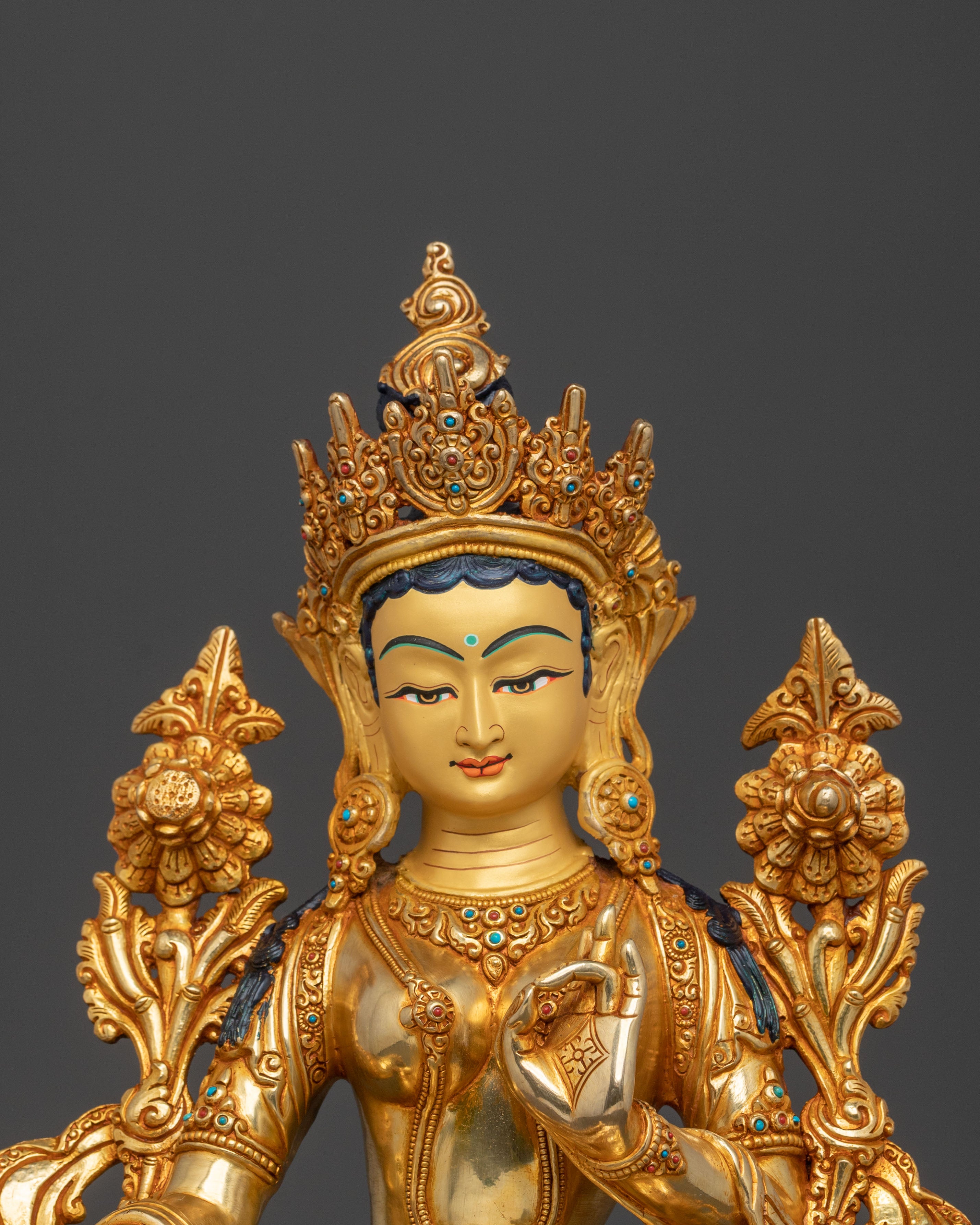 Green Tara Statue: 24K Gold Gilded Buddhist Protector