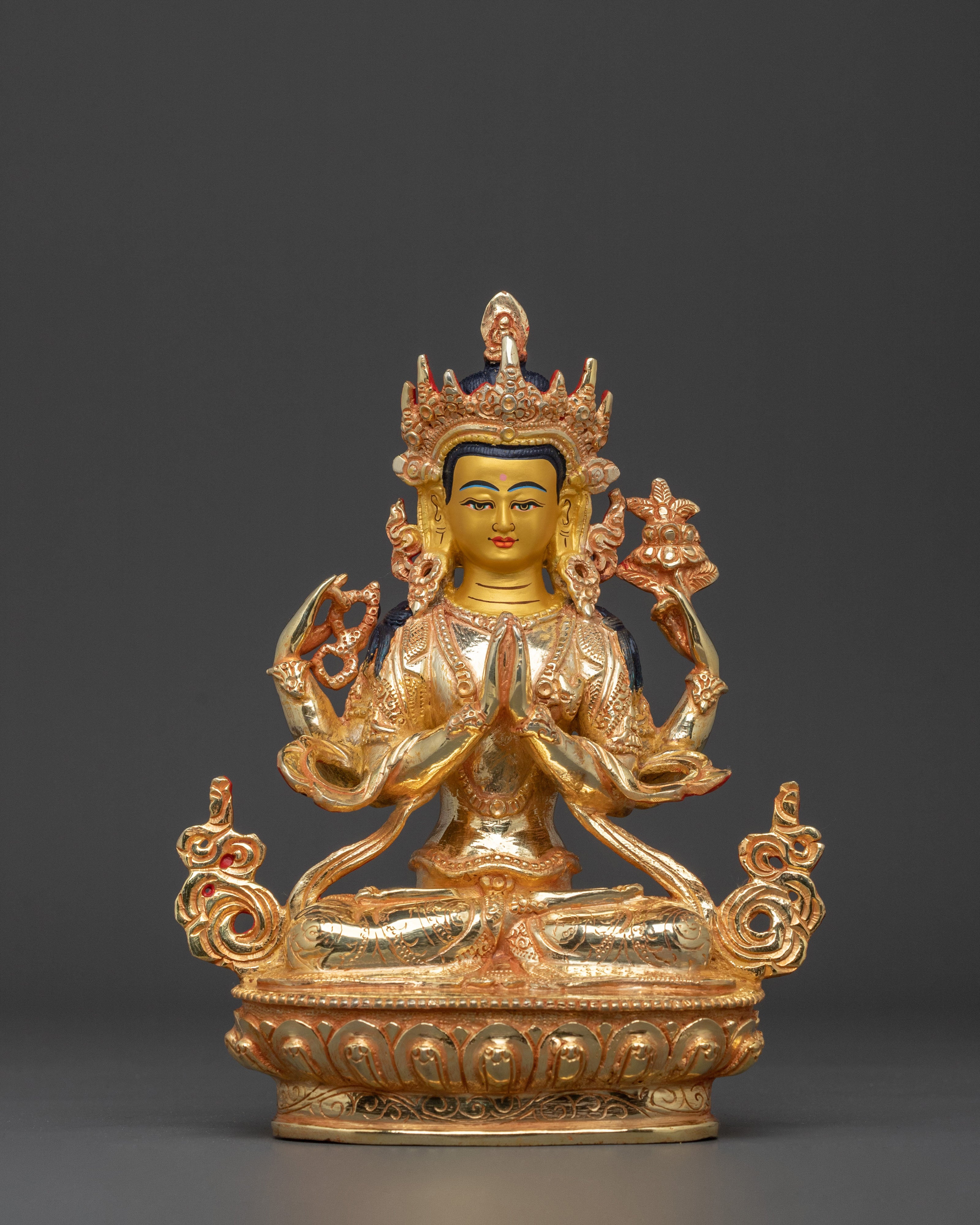 Hand Carved Chenrezig Copper Statue with 24K Gold Gilding