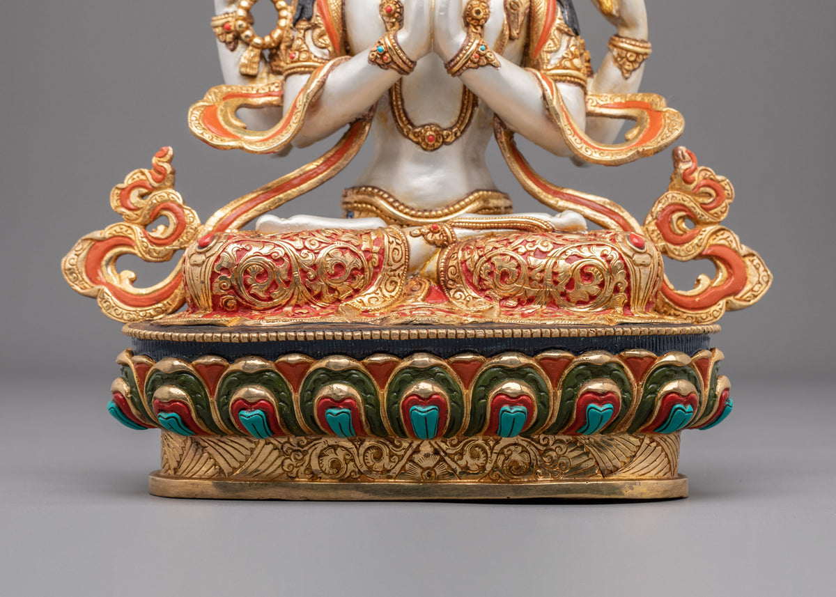 Four Armed Chenrezig Fire Gold Gilded Sculpture | Home Decor