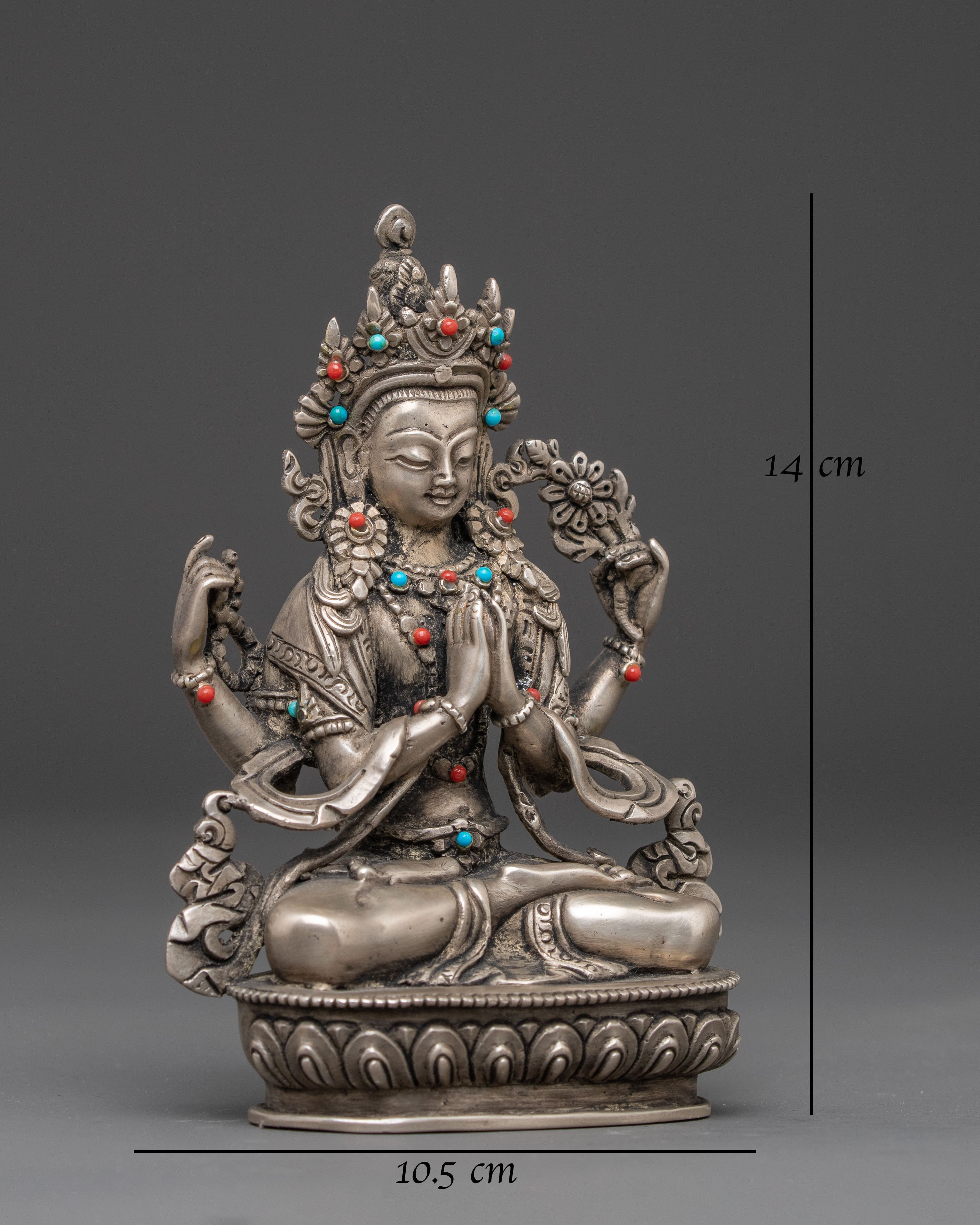 Handmade Silver Statue of Chenresig | Meditation & Altar Decor