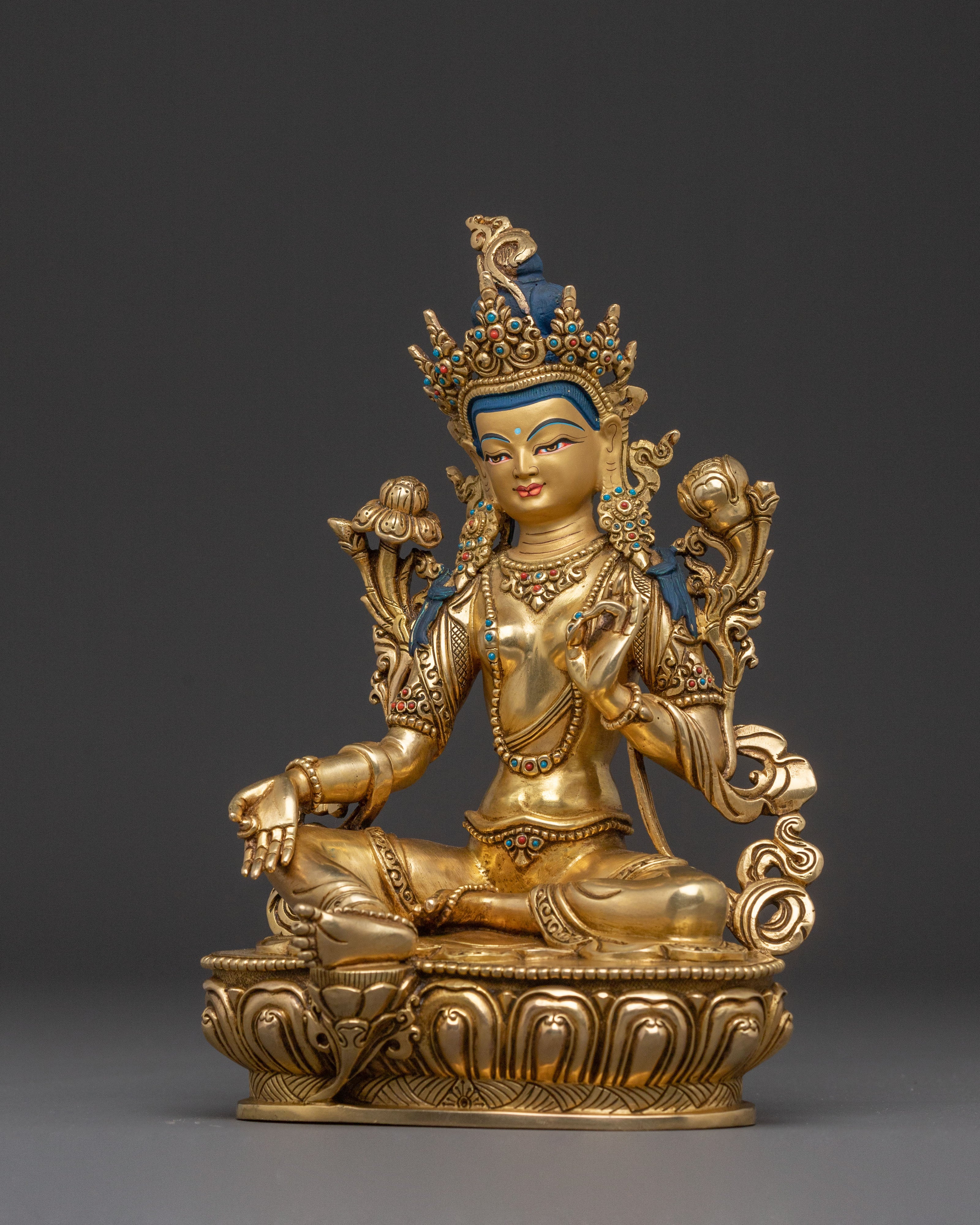 Serene Green Tara Sacred Statue – Gilded Copper Artwork