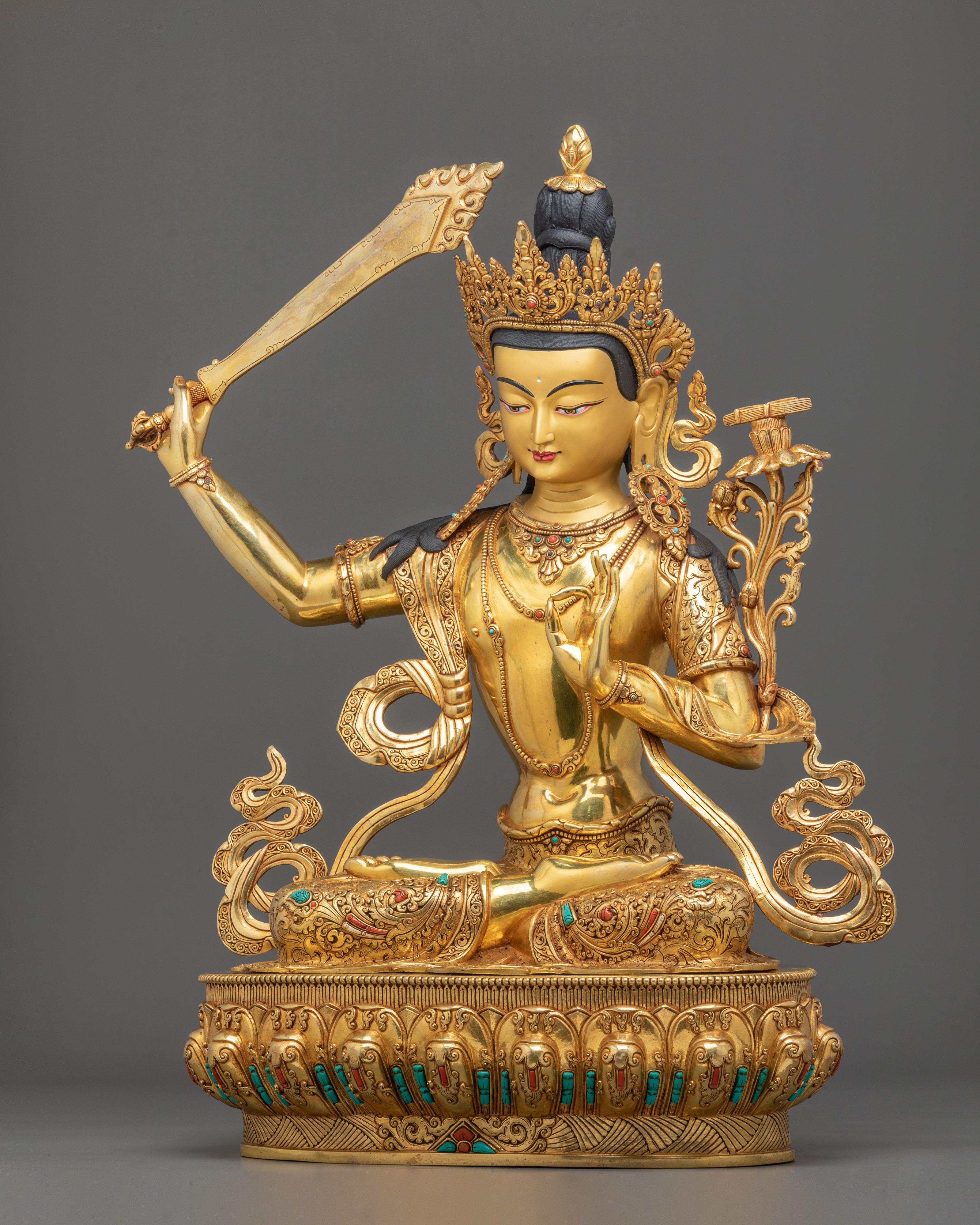 Manjushri 24k Gold Gilded Sculpture | Tibetan Wisdom Bodhisattva