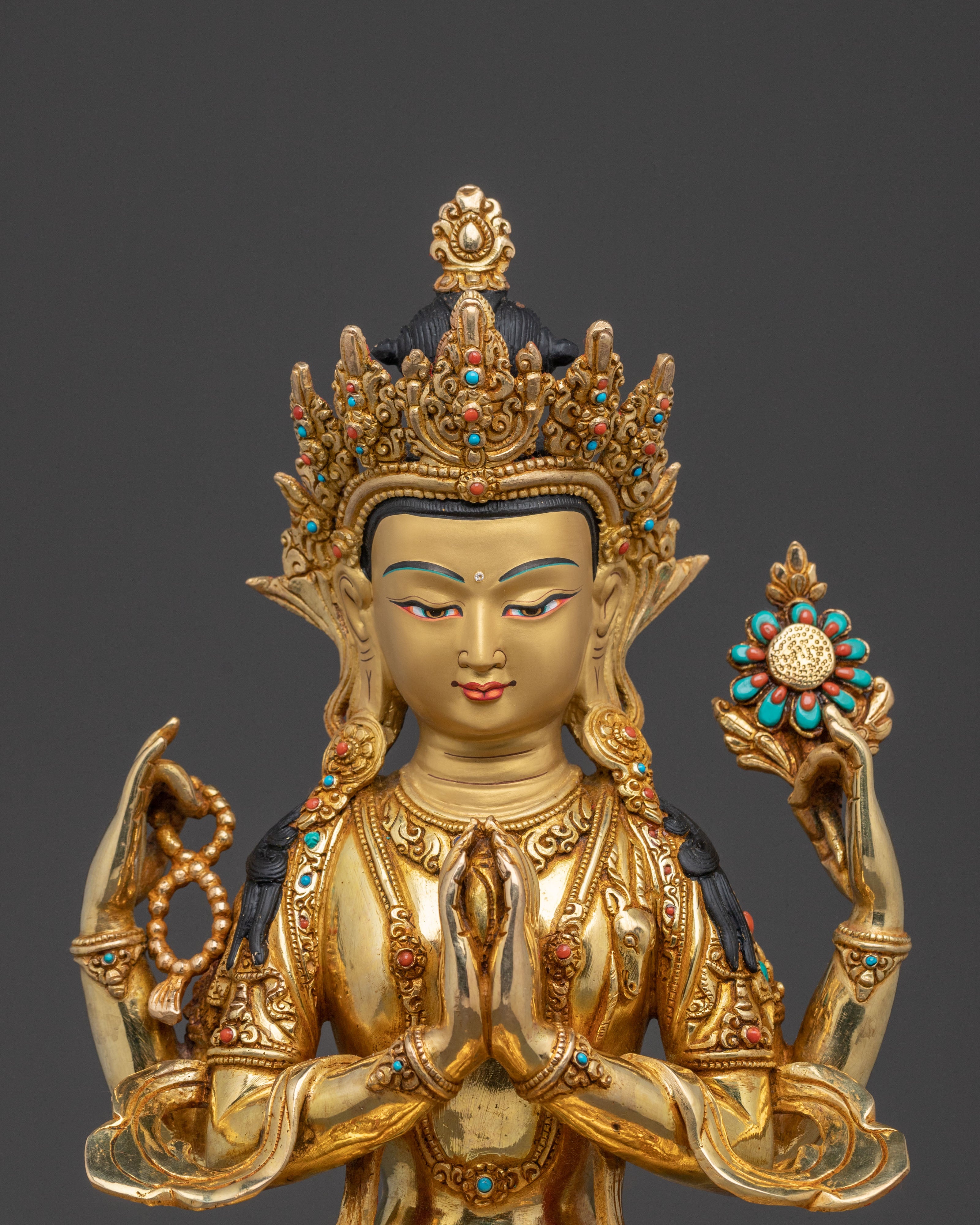 24K Gold Gilded Copper Chenrezig Statue | Patan Artistry