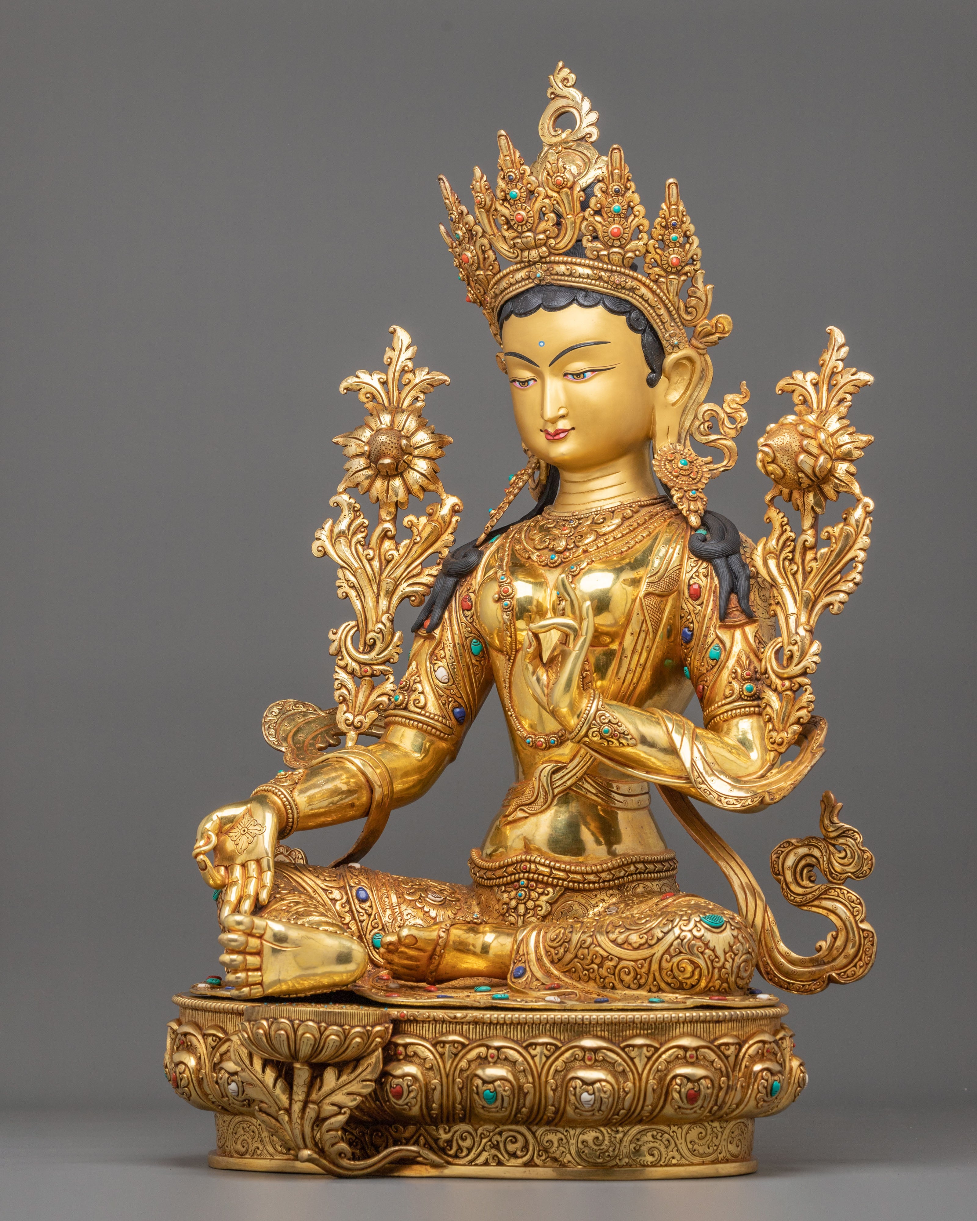 Green Tara 24K Gold-Coated Sculpture | Buddhist Guardian