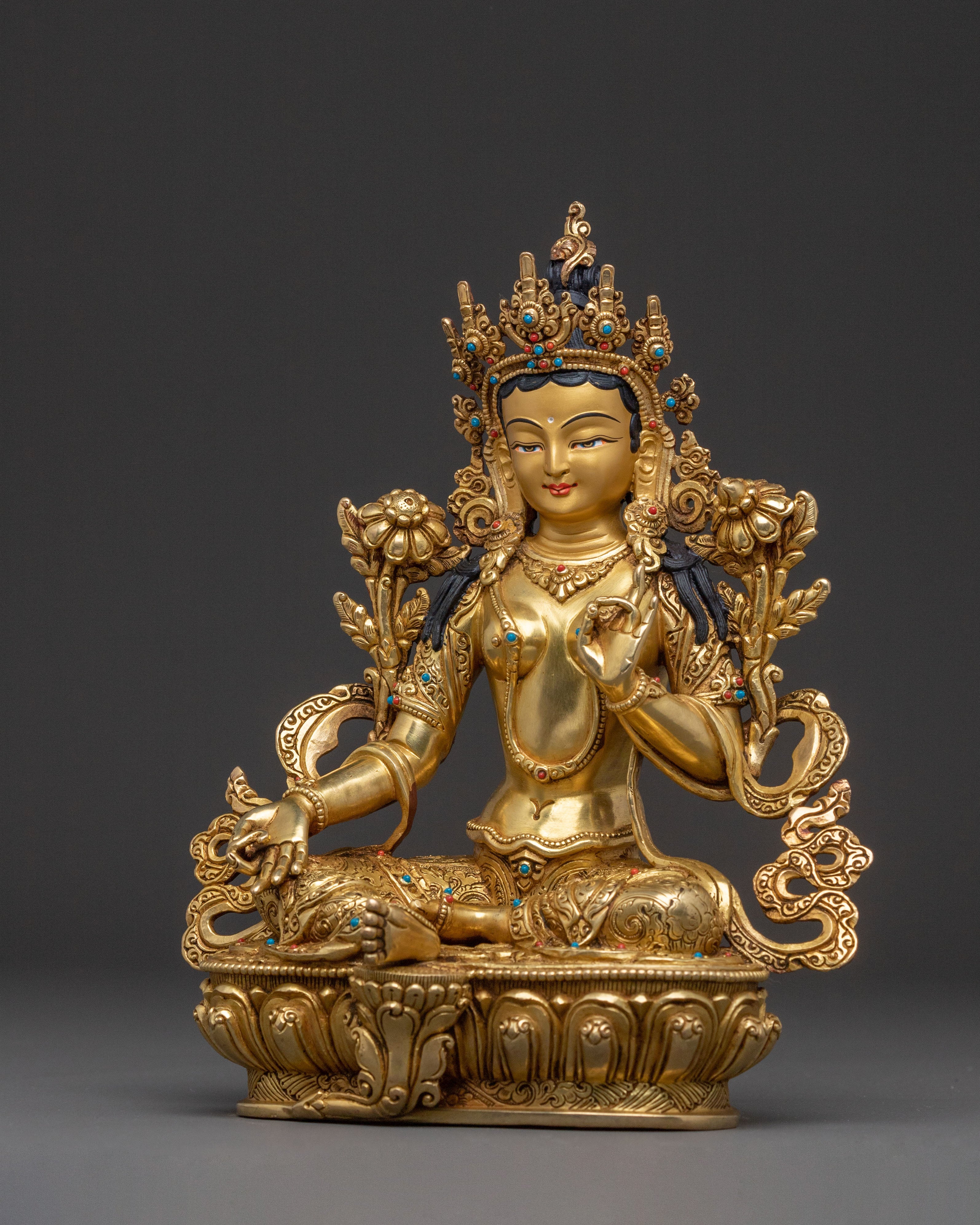 Handcrafted Statue of Green Tara – Exquisite Gilded Copper