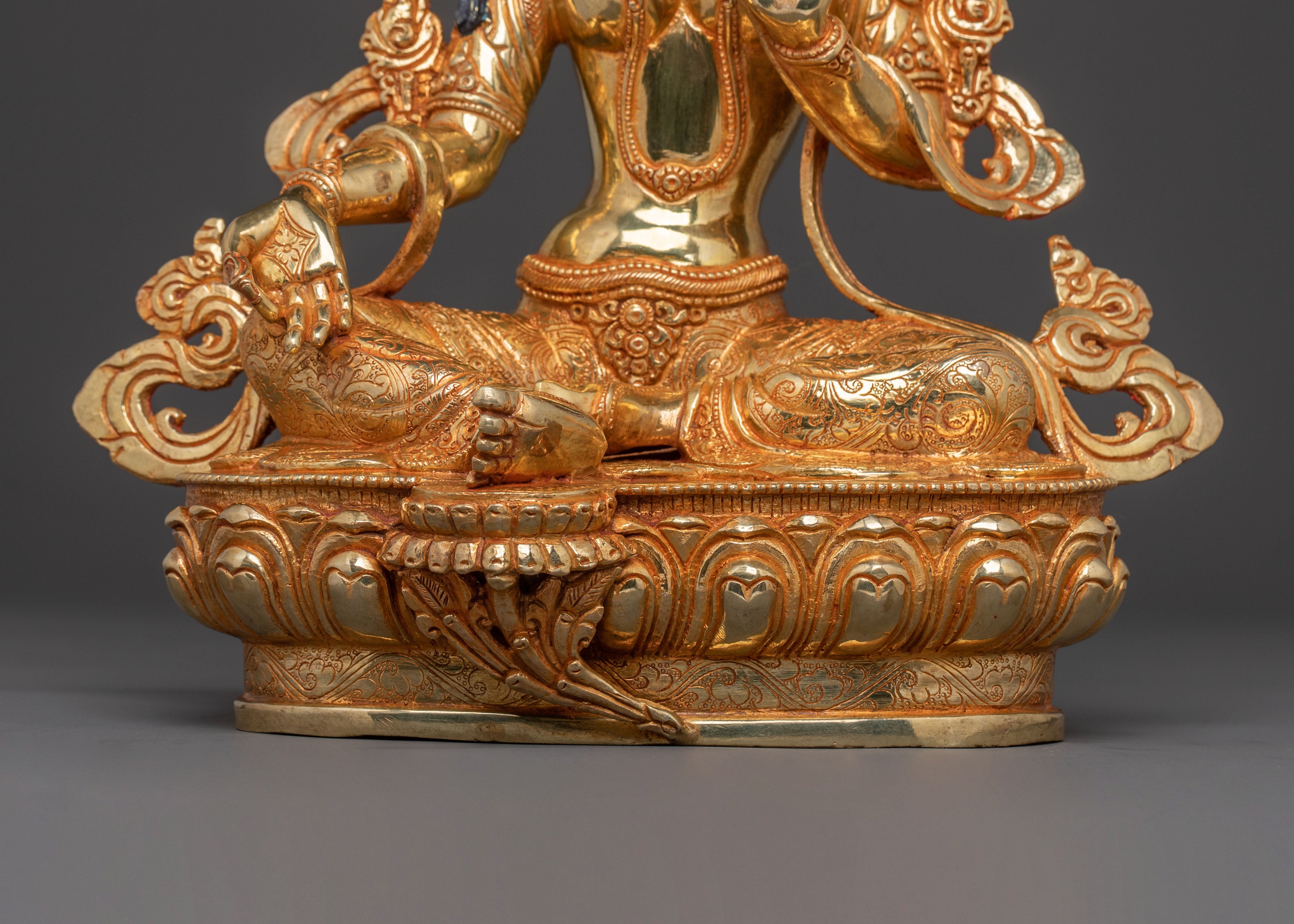 Handcrafted Goddess of Protection Green Tara Statue – 24K Gold Gilded Art
