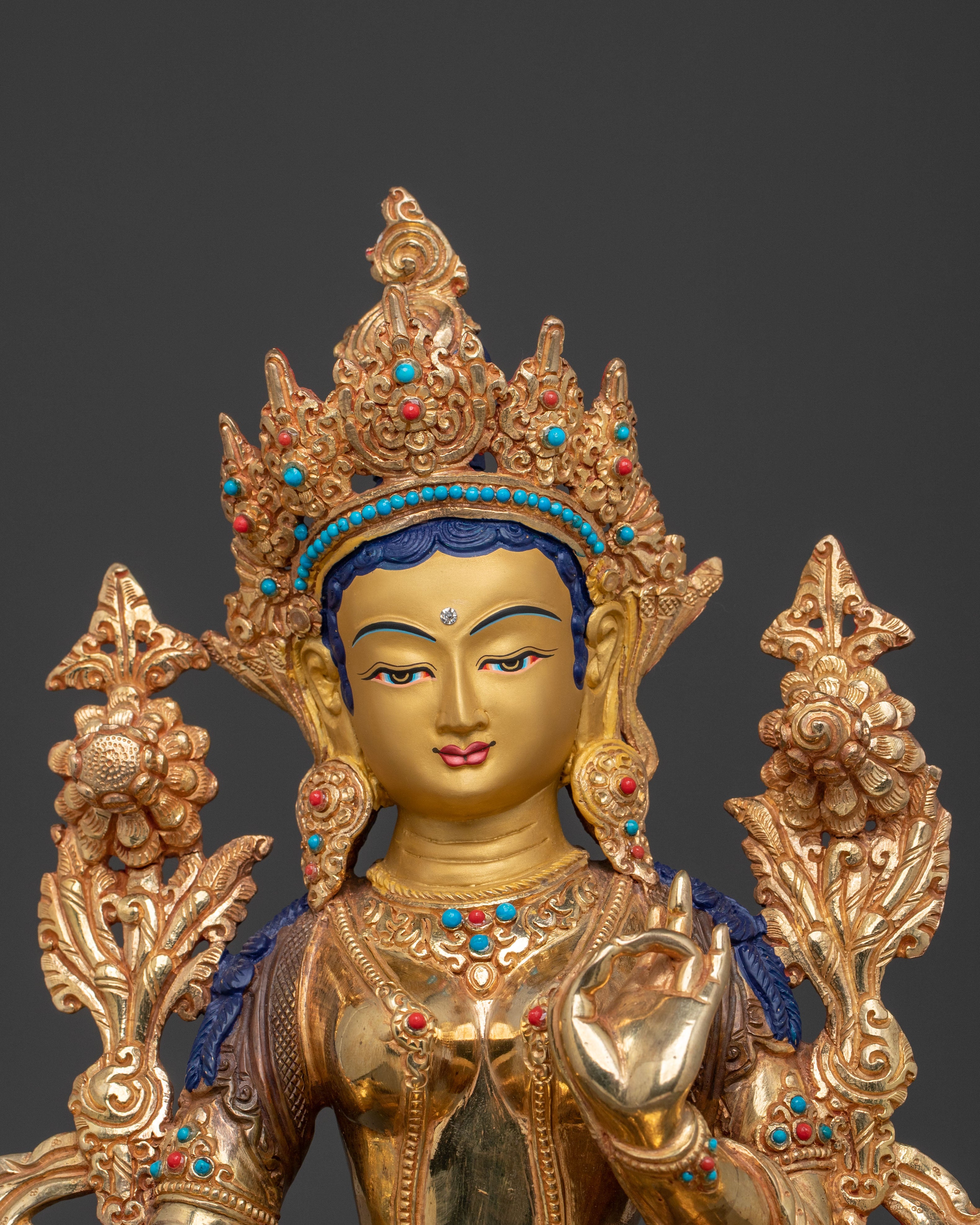 Luminous Green Tara Golden Statue: Antique Finish