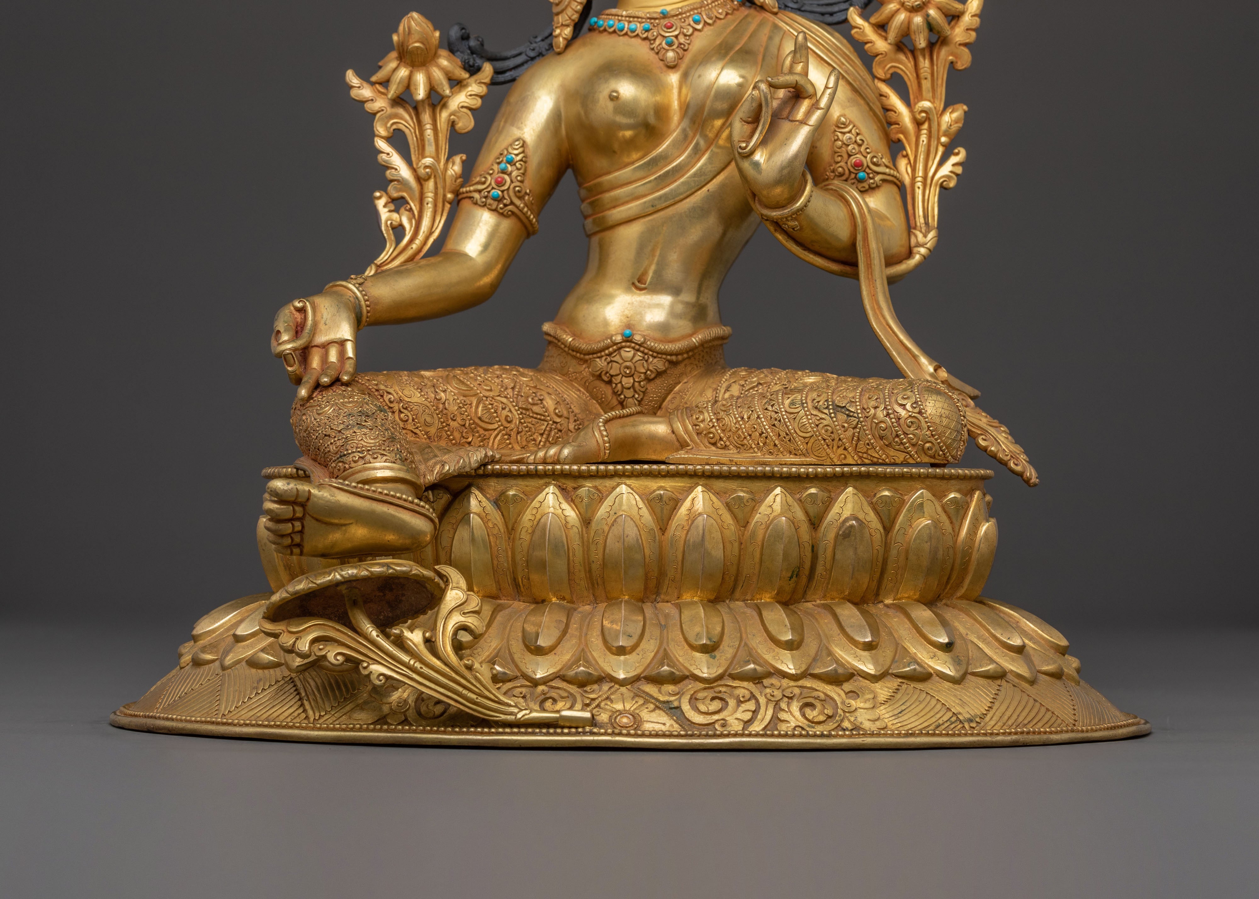 Divine Green Tara Golden Statue | 24k Gold Gilded Copper Figure