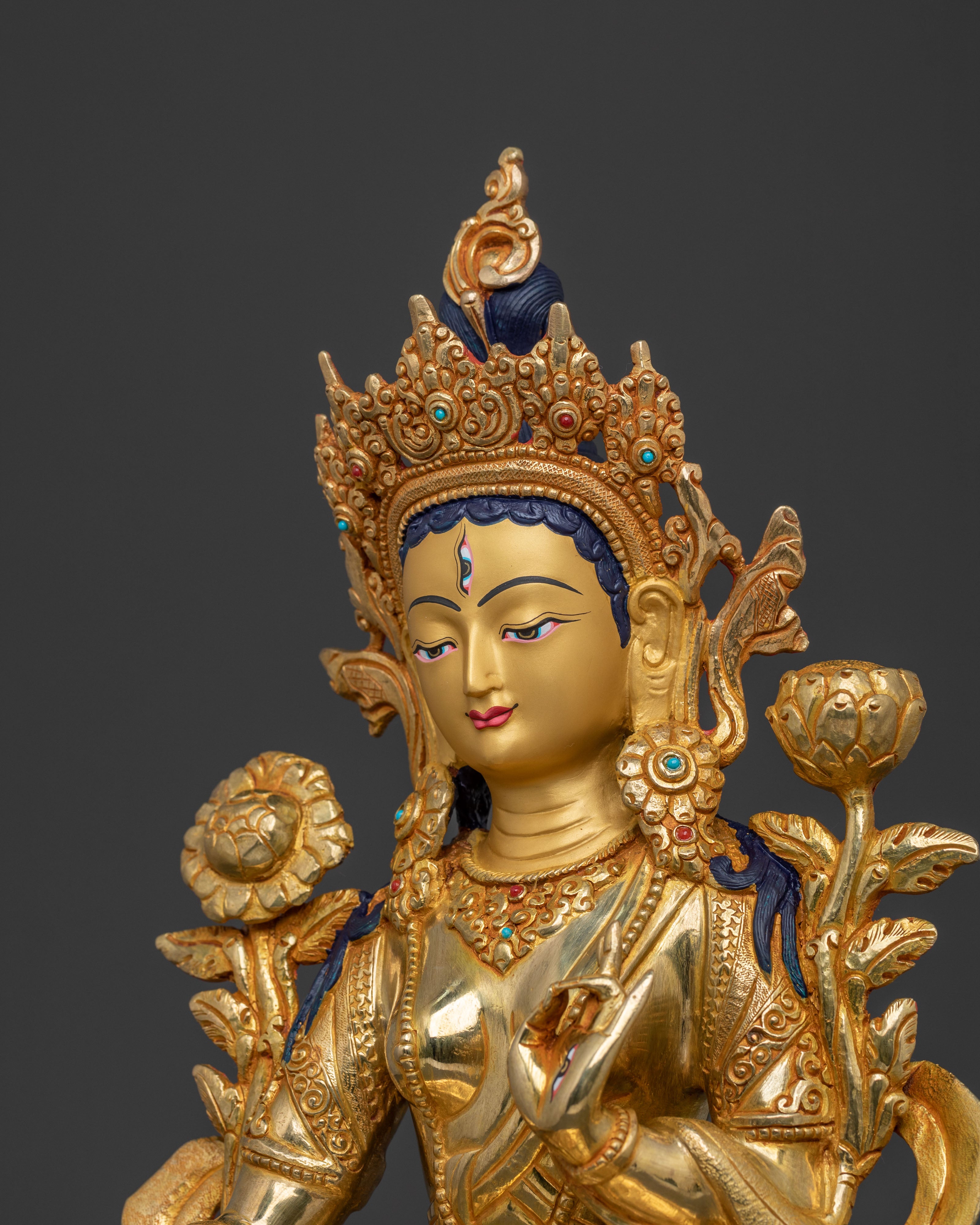 Handcrafted White Tara Golden Statue | Tibetan Deity