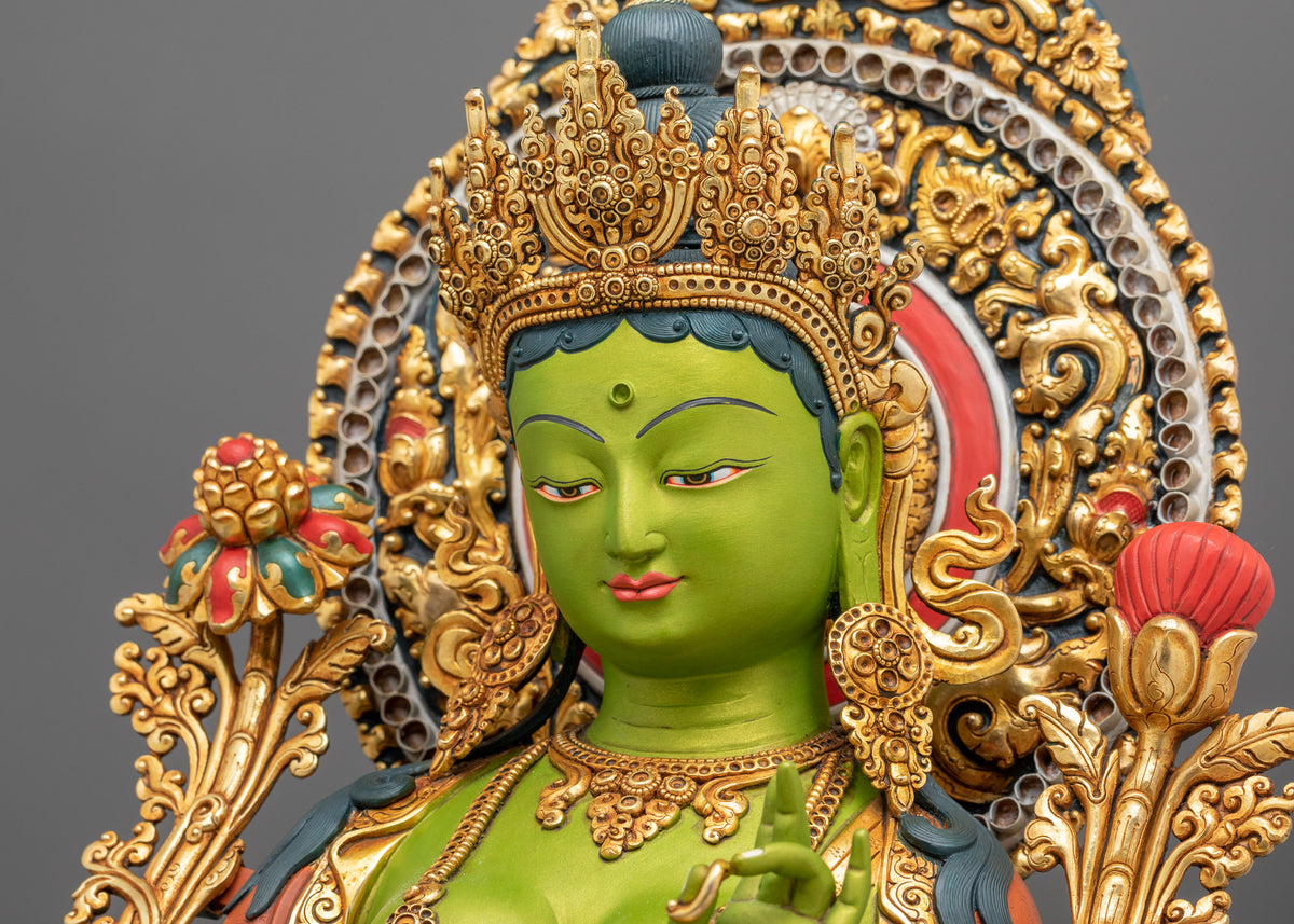 Green Tara Statue | Gold and Acrylic Painted Figurine