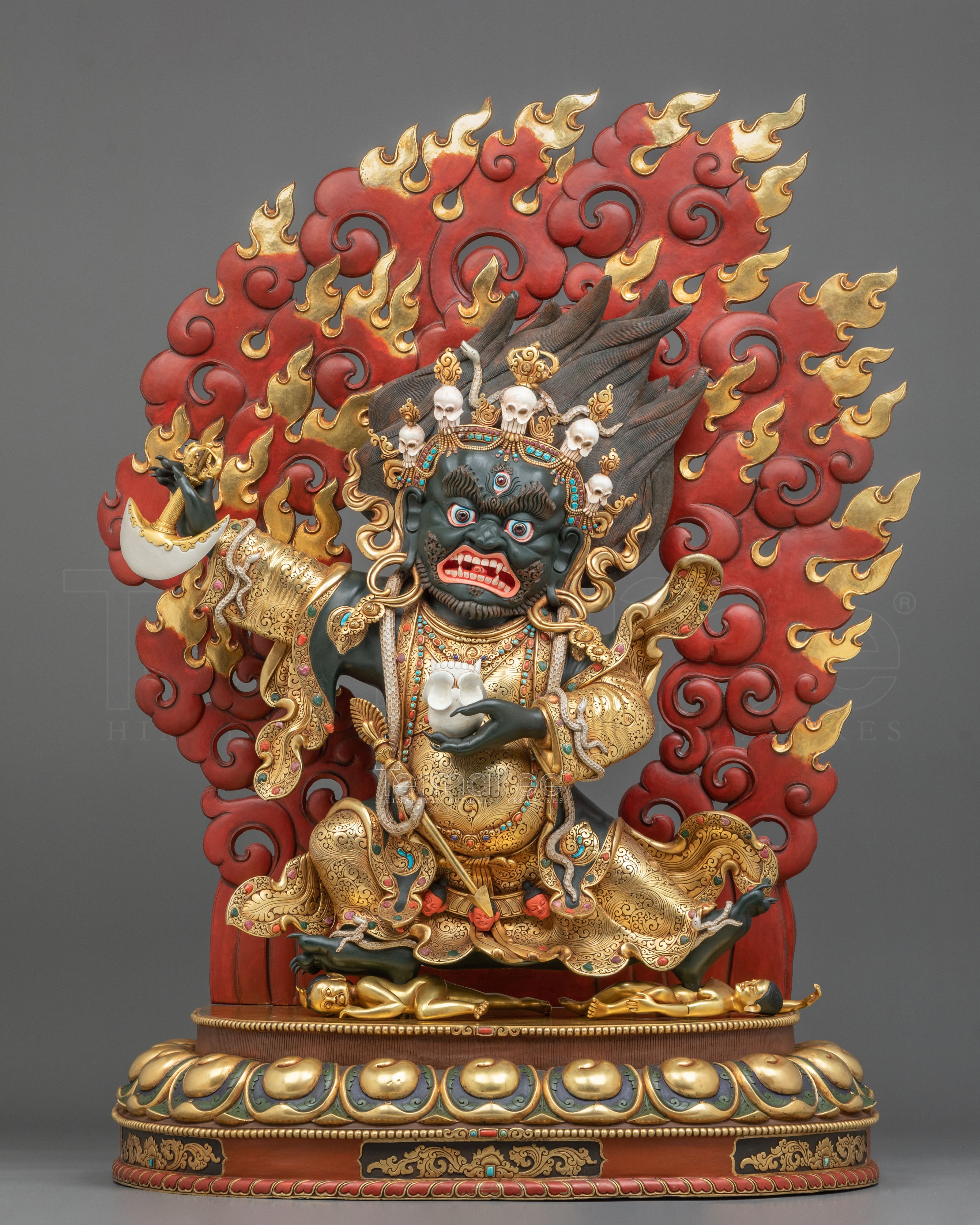Mahakala Bernakchen Sacred Tibetan Sculpture | Gemstone-Adorned Copper Statue