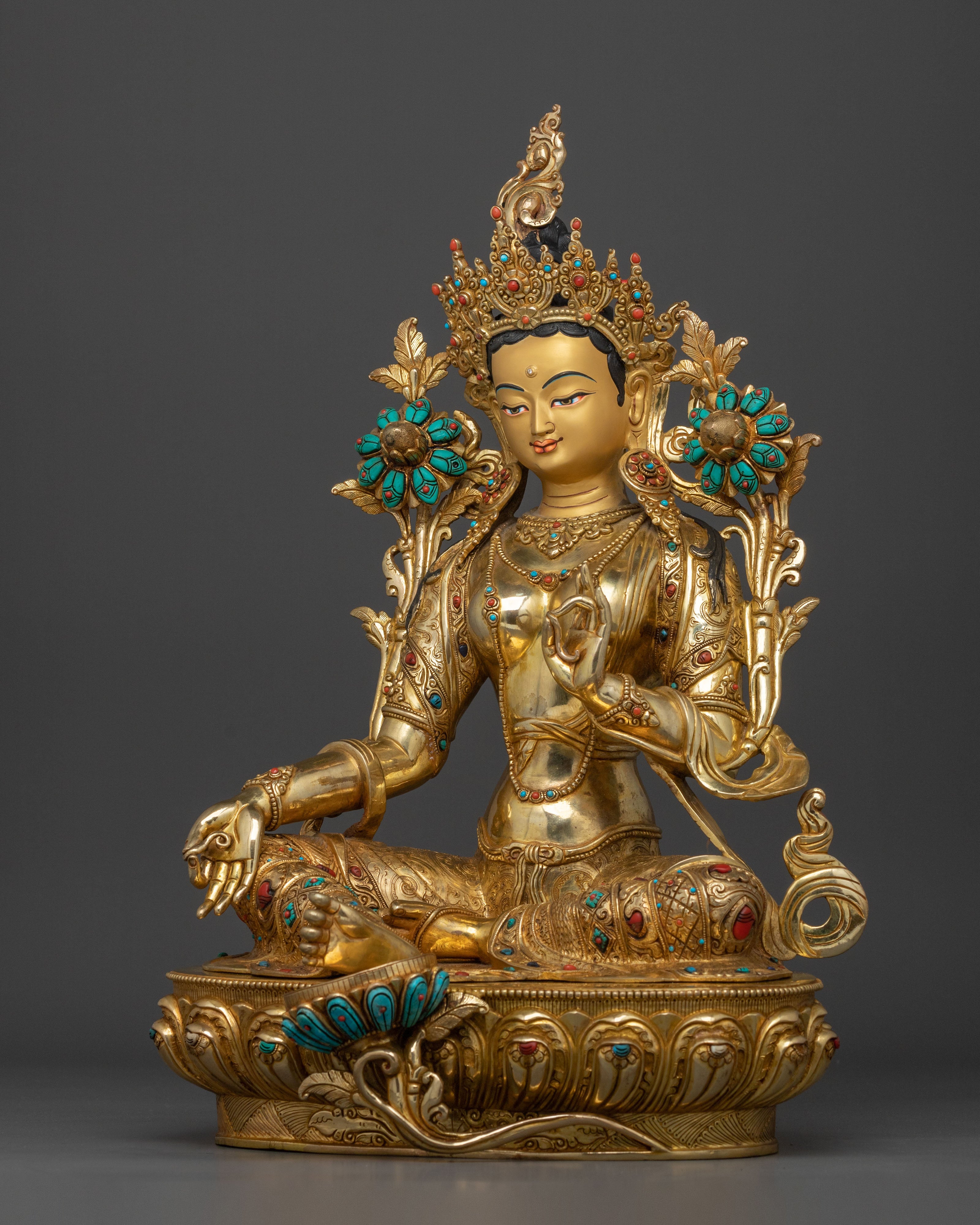 Green Tara Hand Carved Sacred Statue with 24K Gold Glided