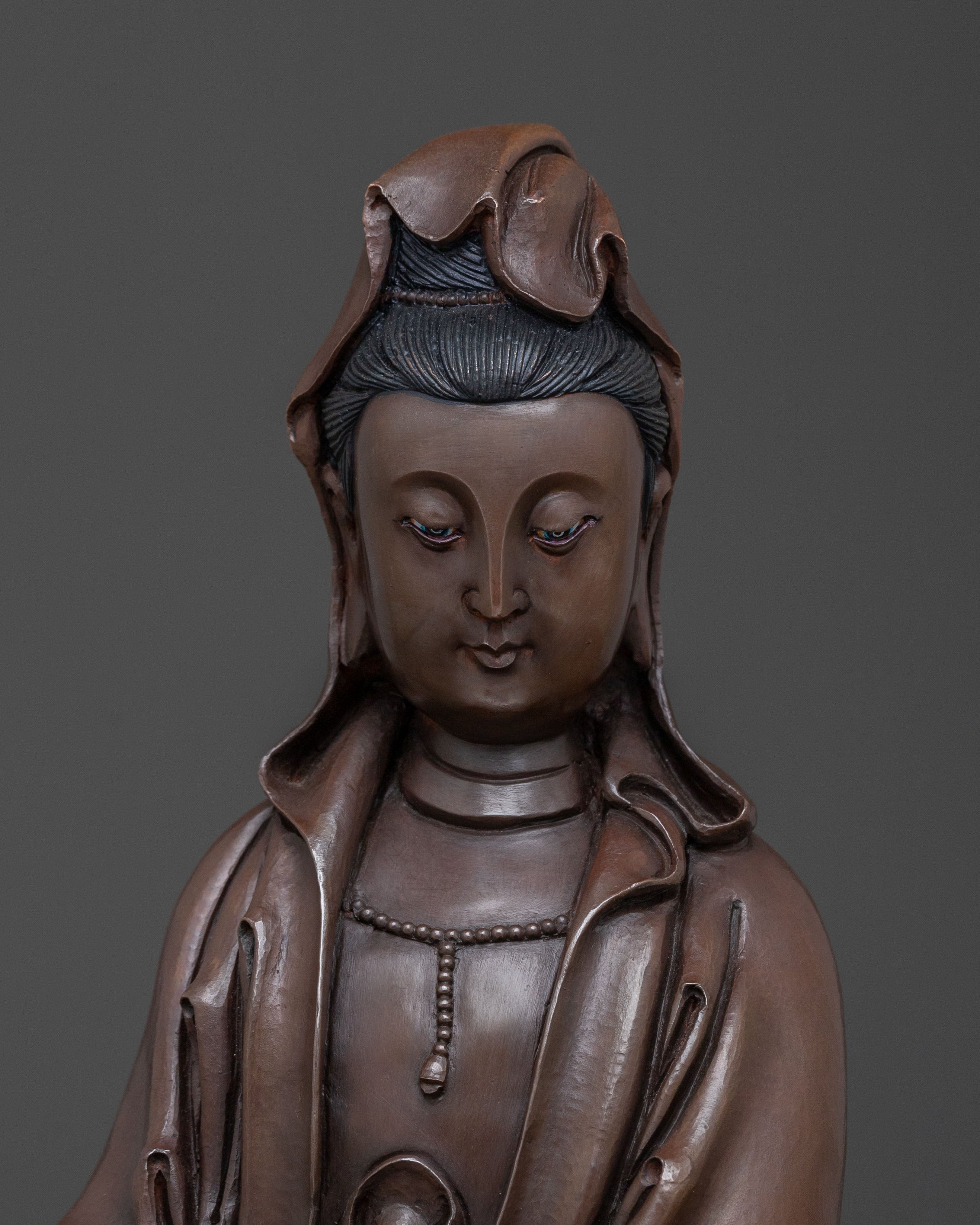 Guanyin Compassion Statue: Oxidized Copper Body