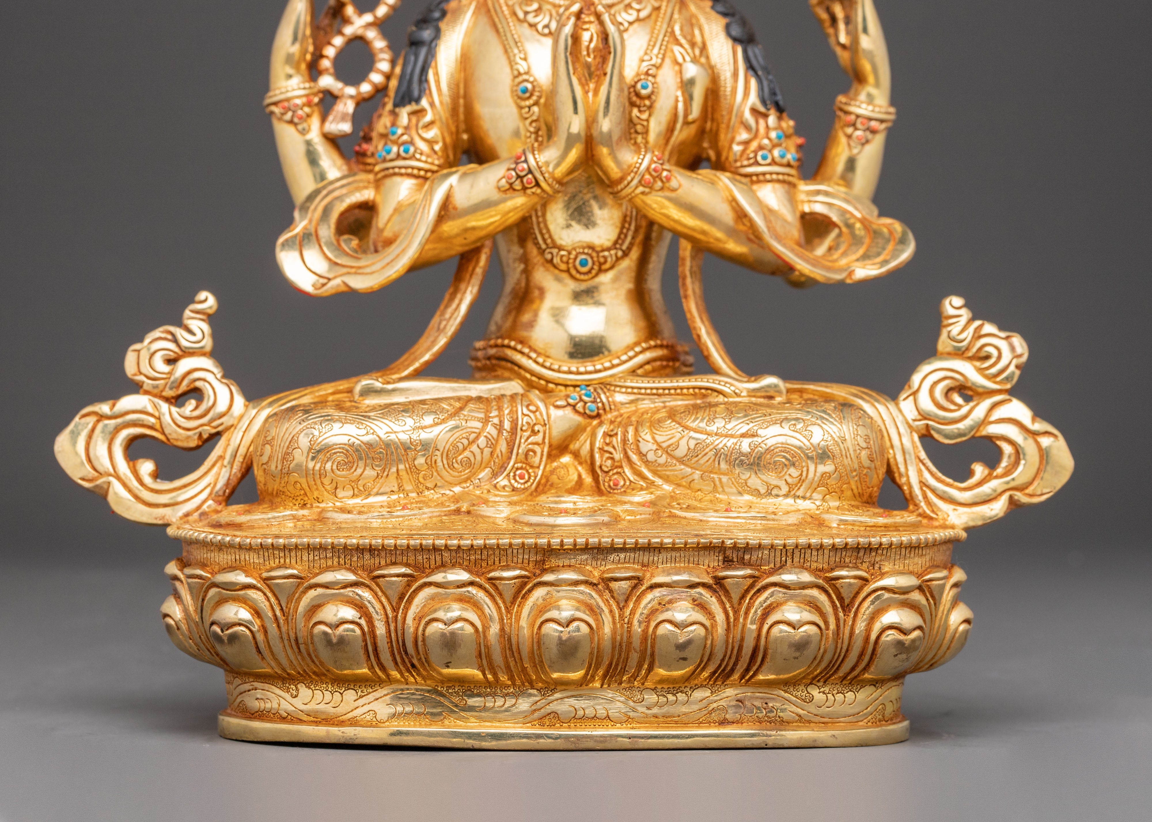 Handcrafted Golden Artwork of Four-Armed Chenrezig