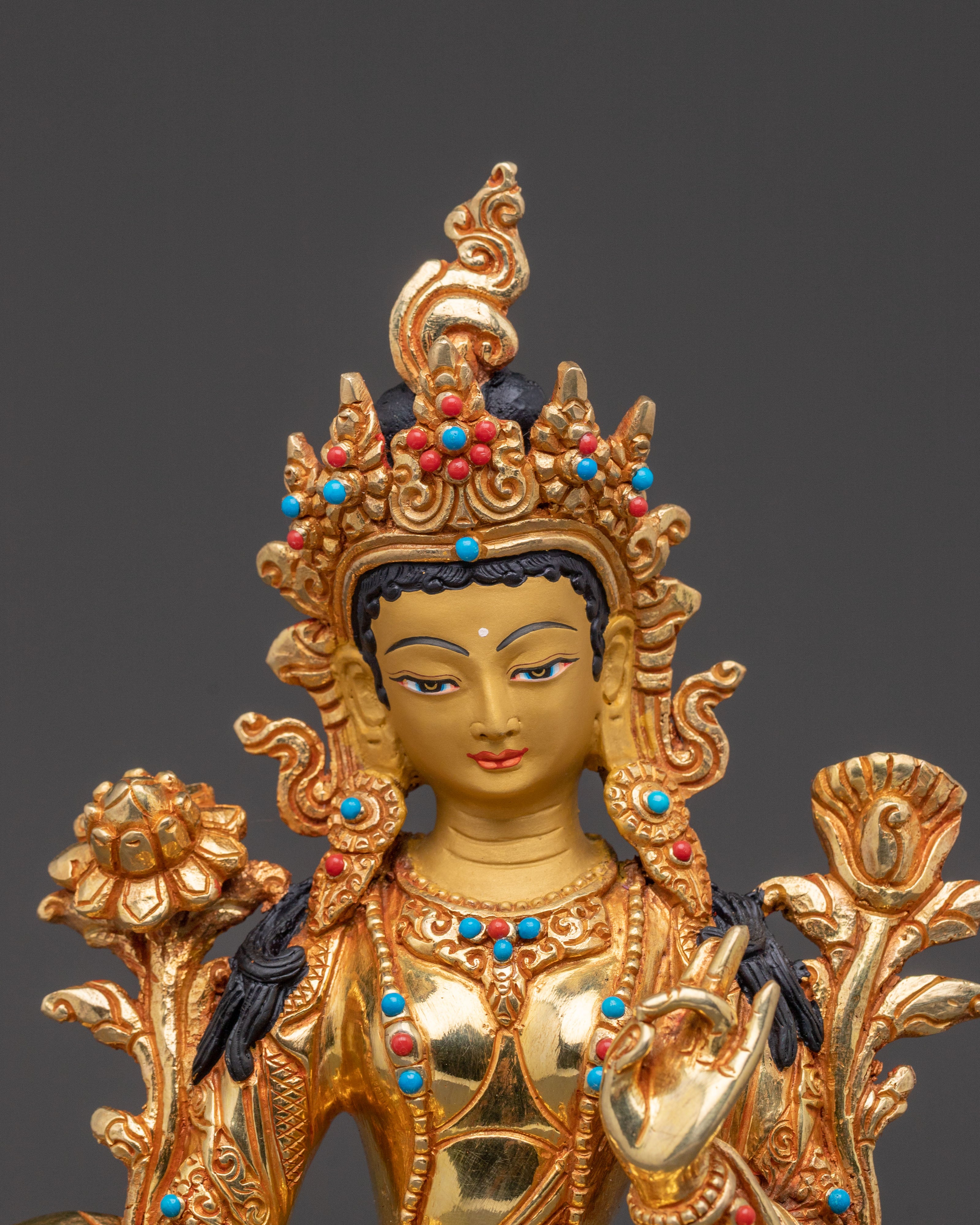 Gold Glided Green Tara Statue - Handcrafted Copper Artwork