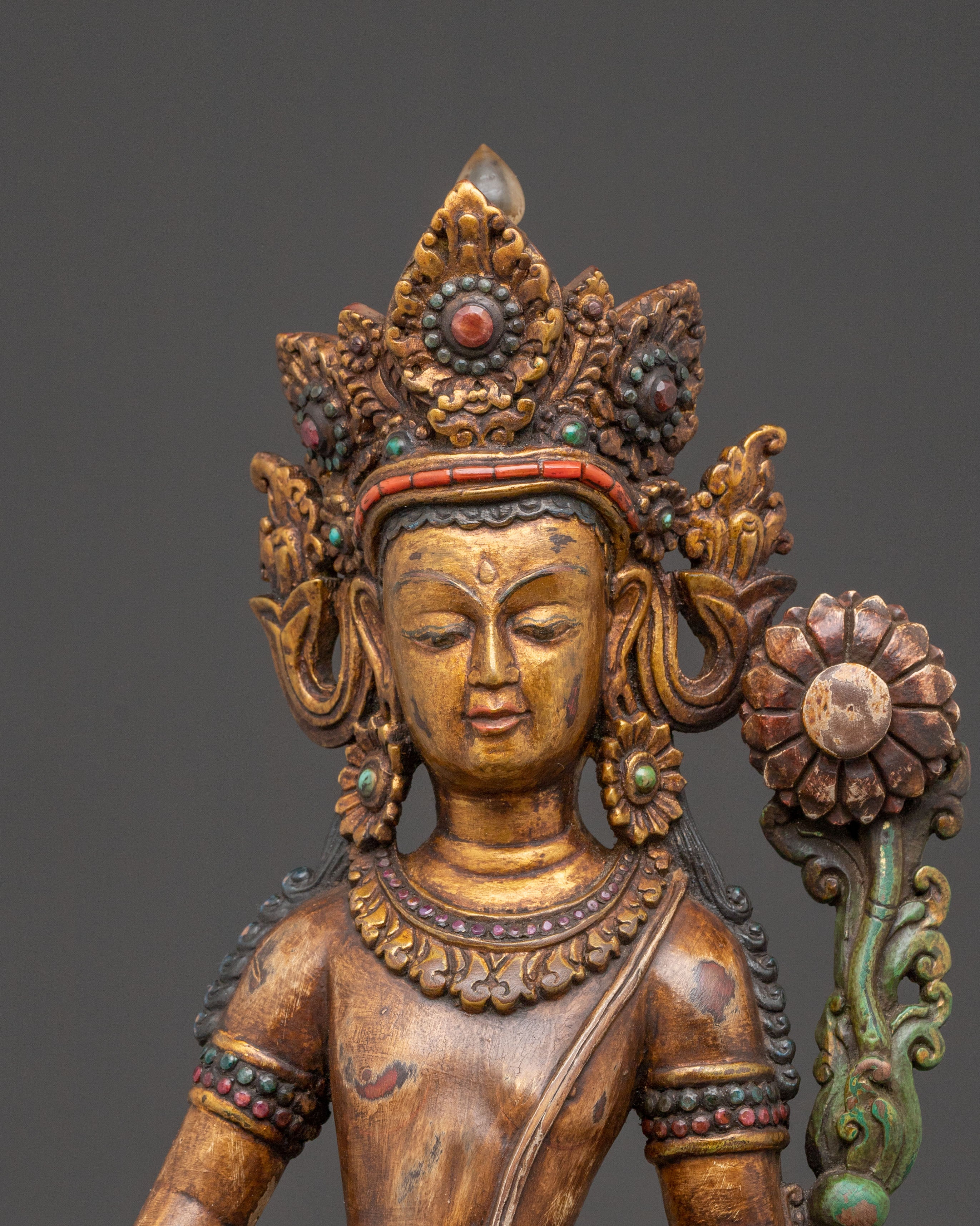 Lokeshwor Tibetan Sacred Statue: Antique Gold and Gemstone Artistry