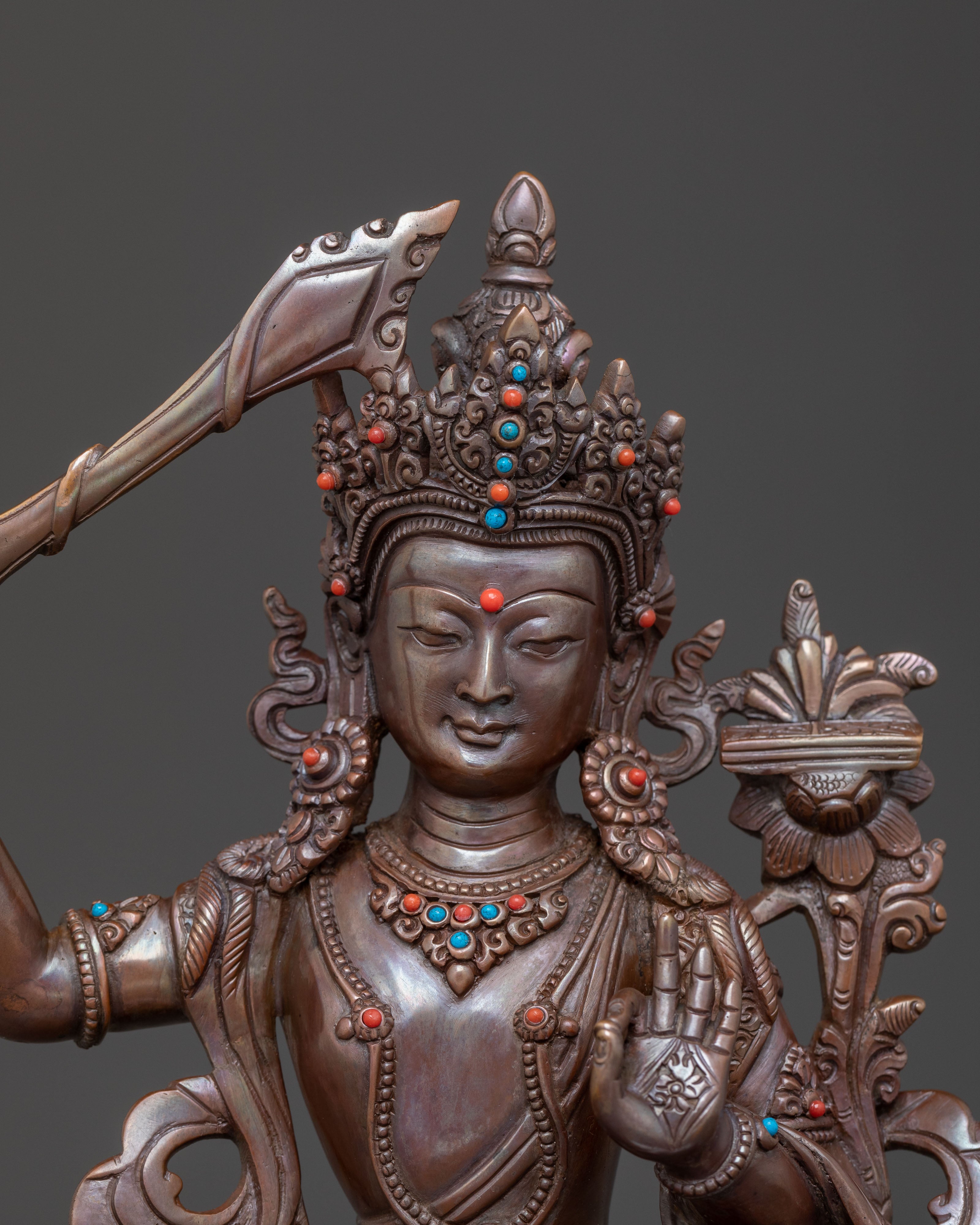 Manjushri Sword of Wisdom Statue - Oxidized Copper Art