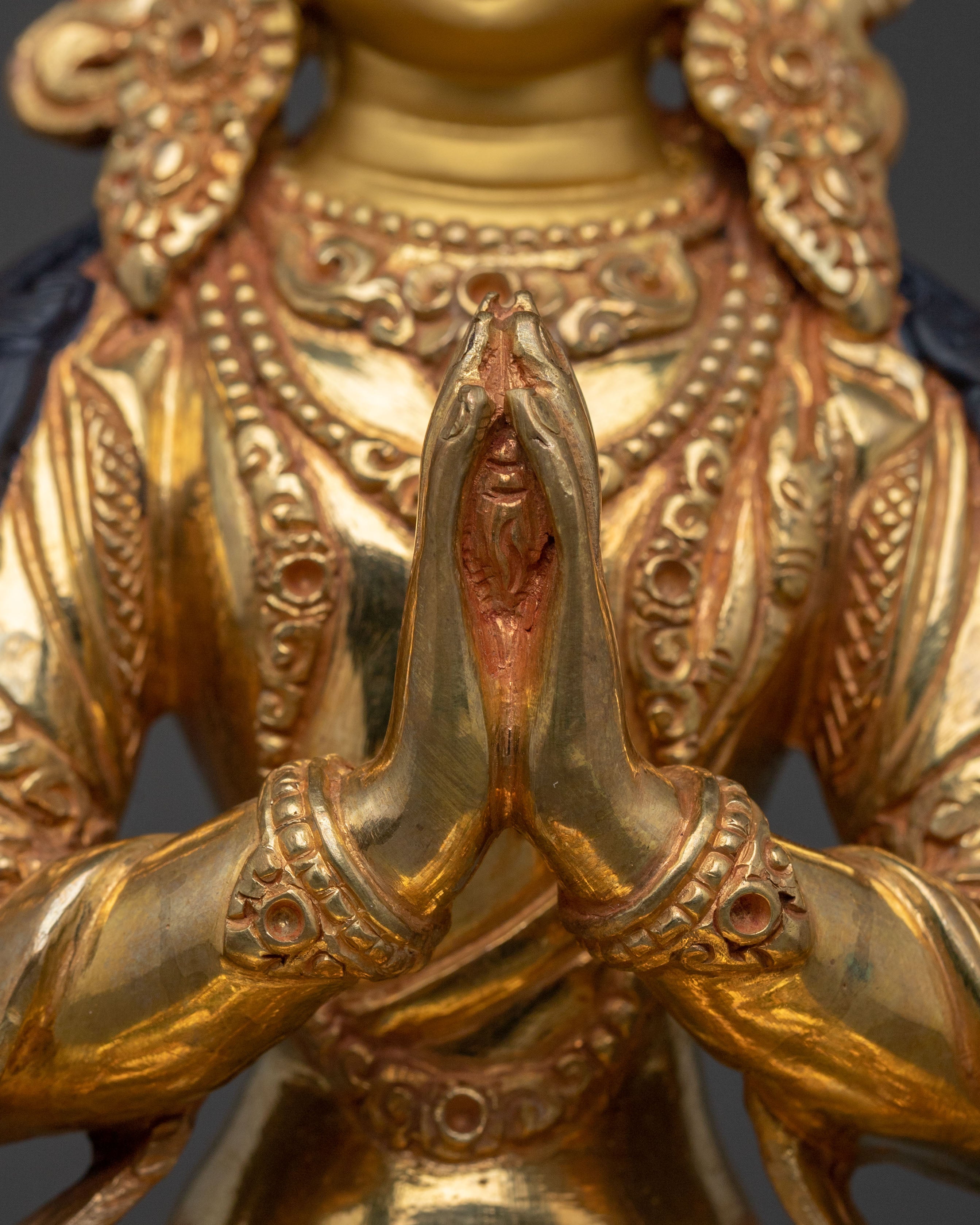 Handmade Four Armed Chenrezig Spiritual Sculpture: 24K Gold Gilded