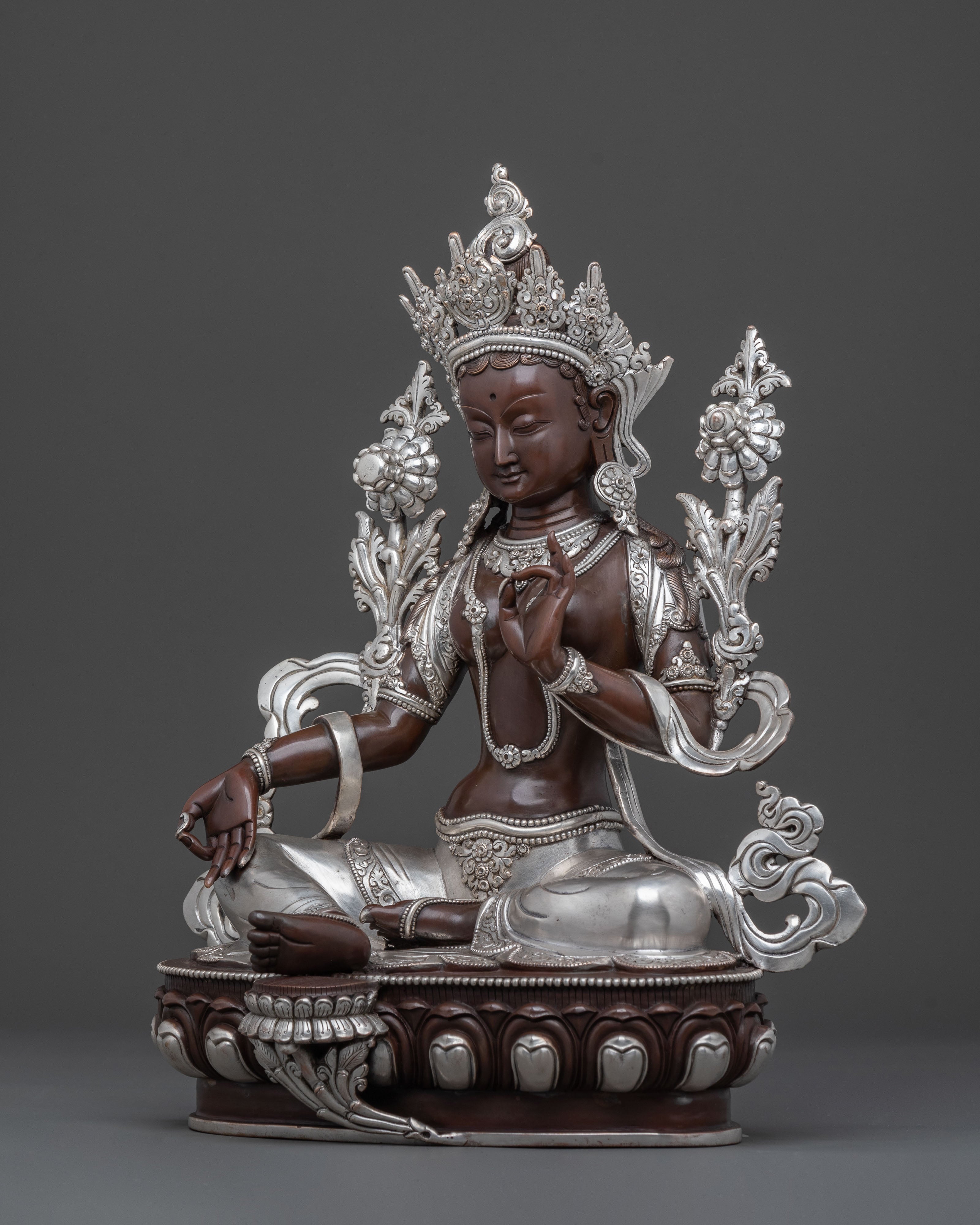 Green Tara: Oxidized Copper Statue with Silver Plated